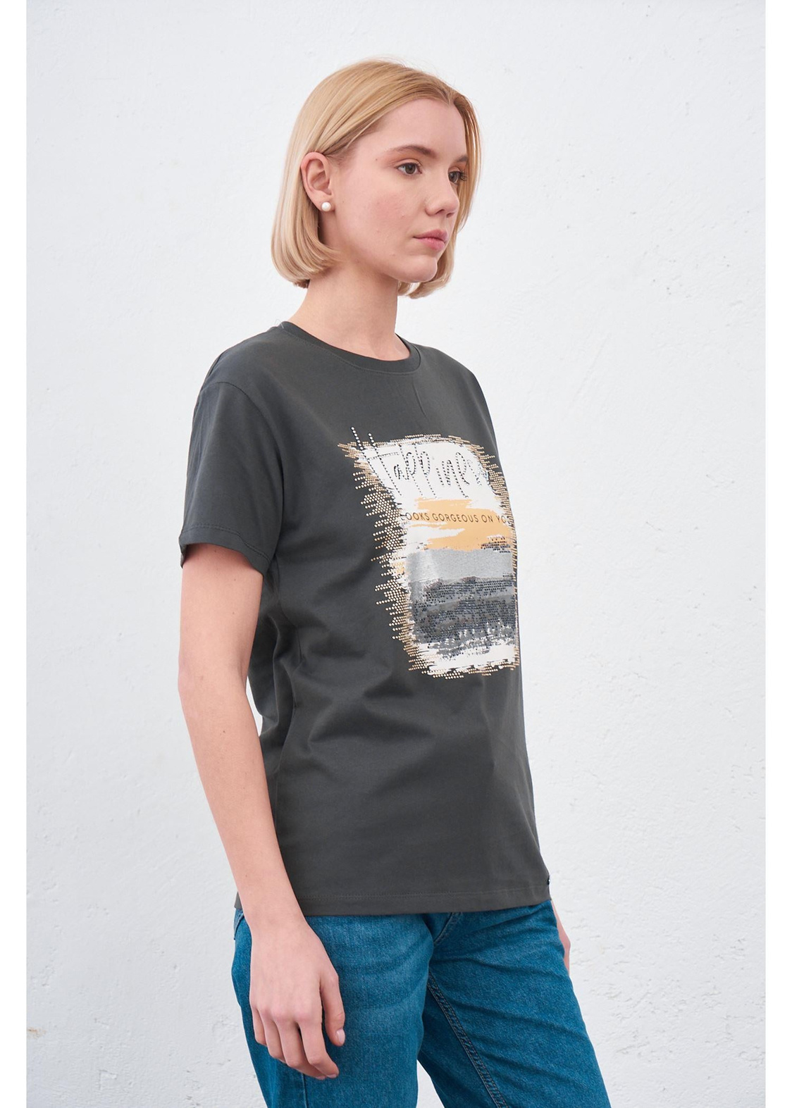 Happiness Baskılı T-shirt-Antrasit