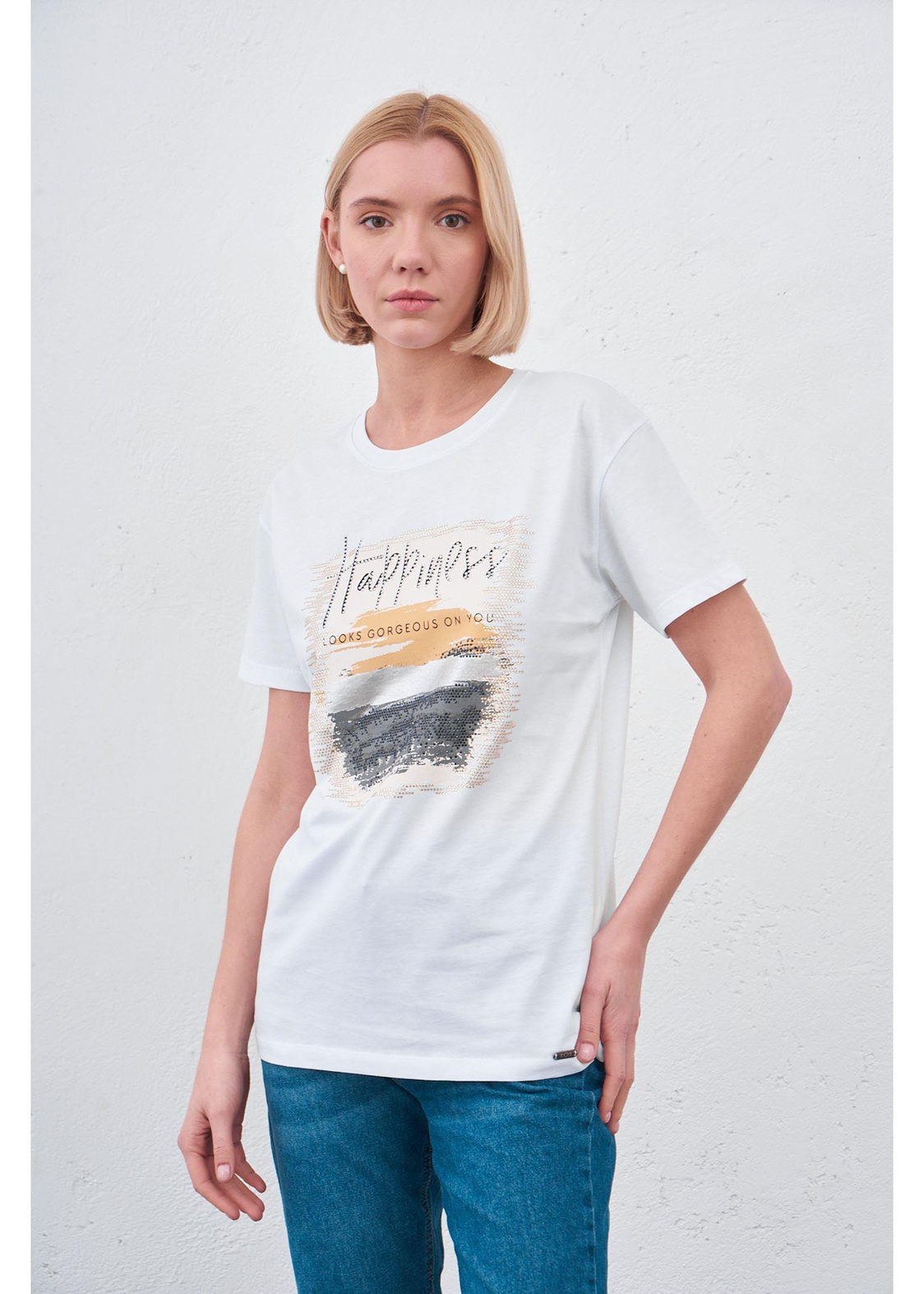 Happiness Baskılı T-shirt-Beyaz