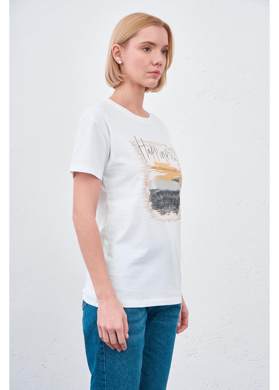 Happiness Baskılı T-shirt-Beyaz