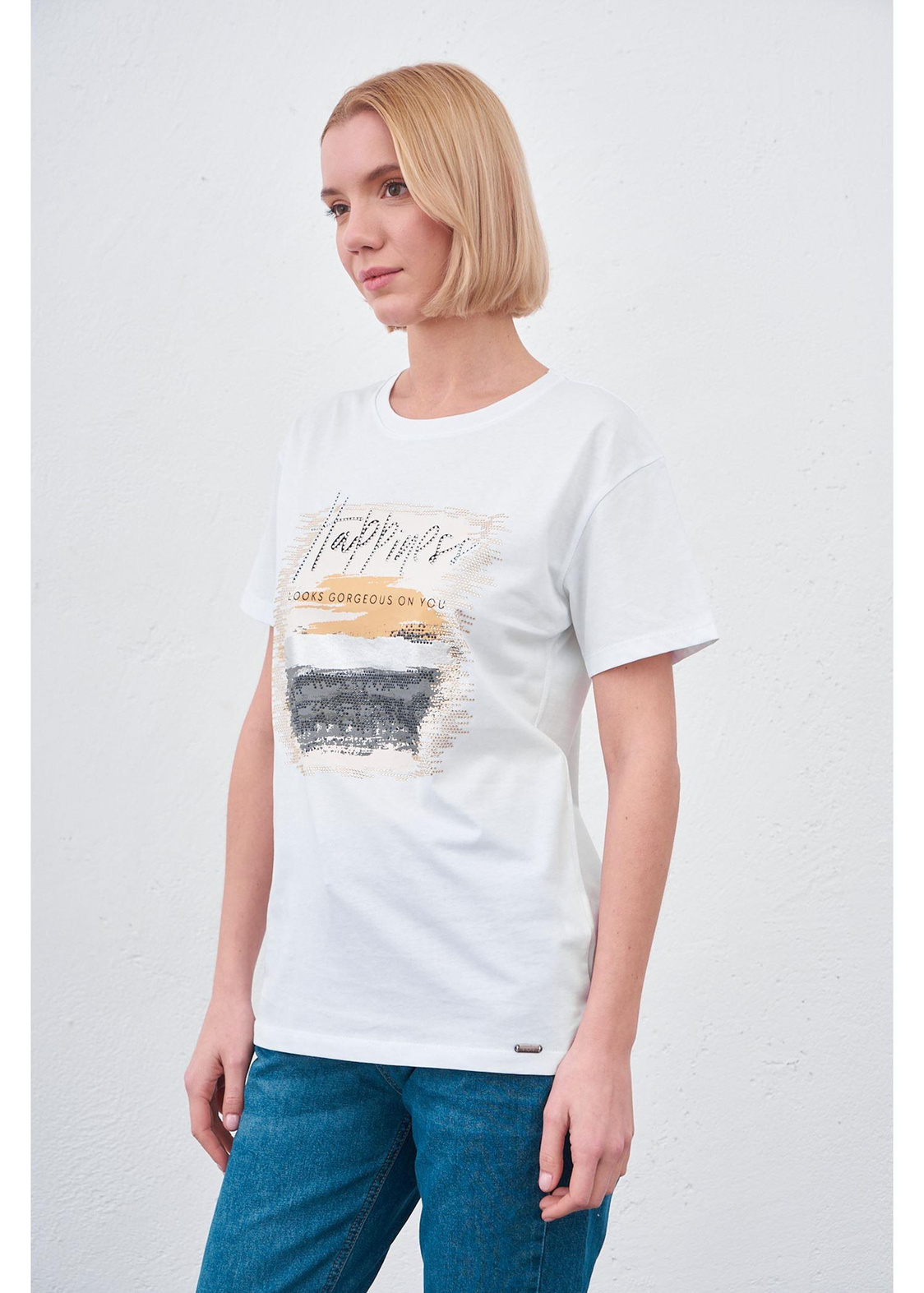 Happiness Baskılı T-shirt-Beyaz