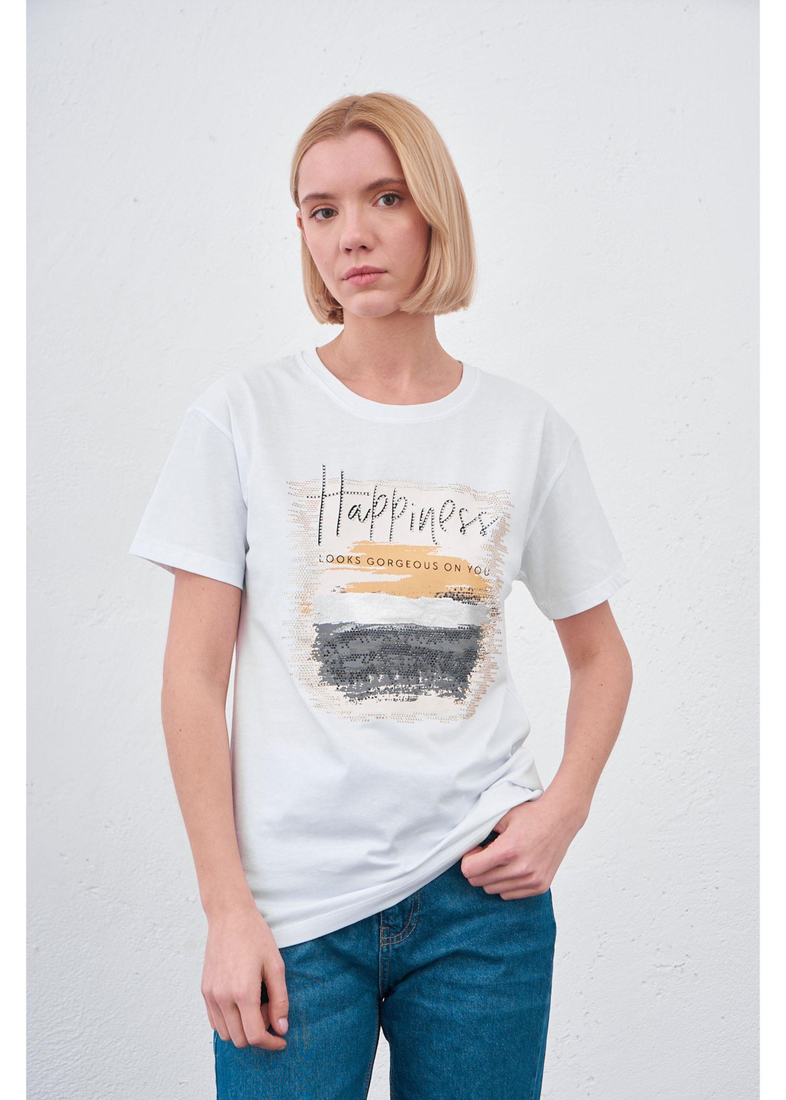 Happiness Baskılı T-shirt-Beyaz