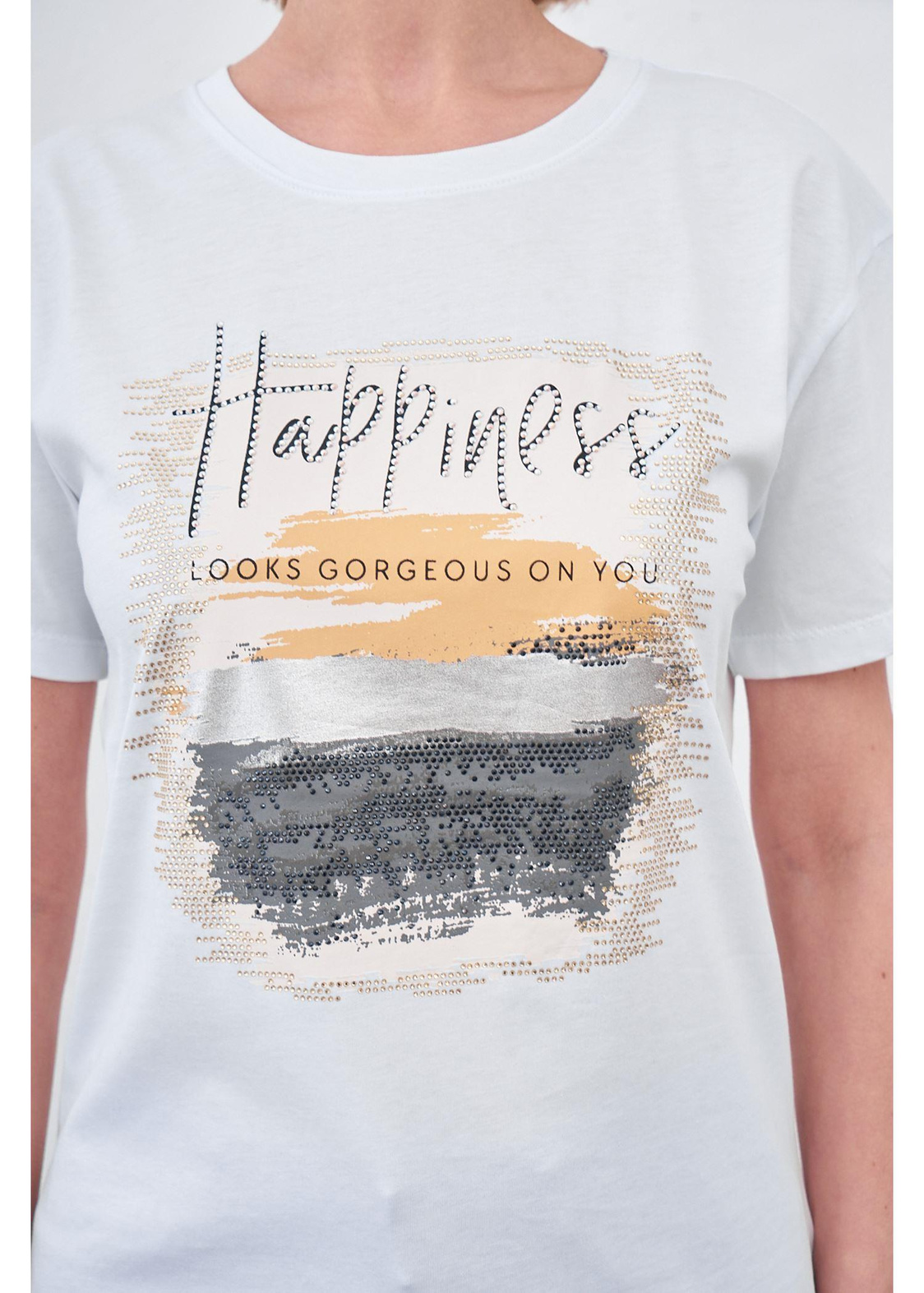 Happiness Baskılı T-shirt-Beyaz