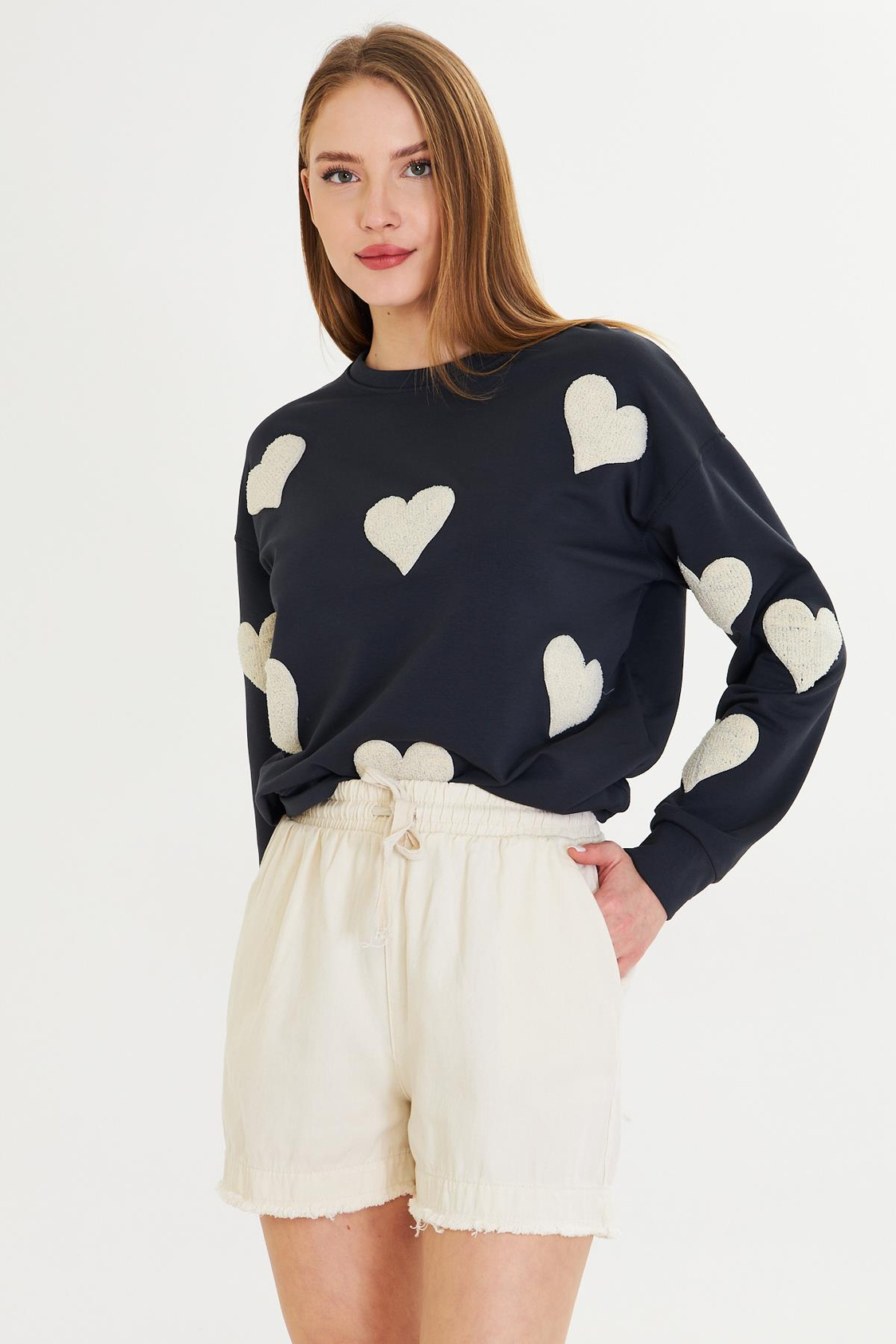 Havlu Kalp Baskılı İki İplik Sweatshirt