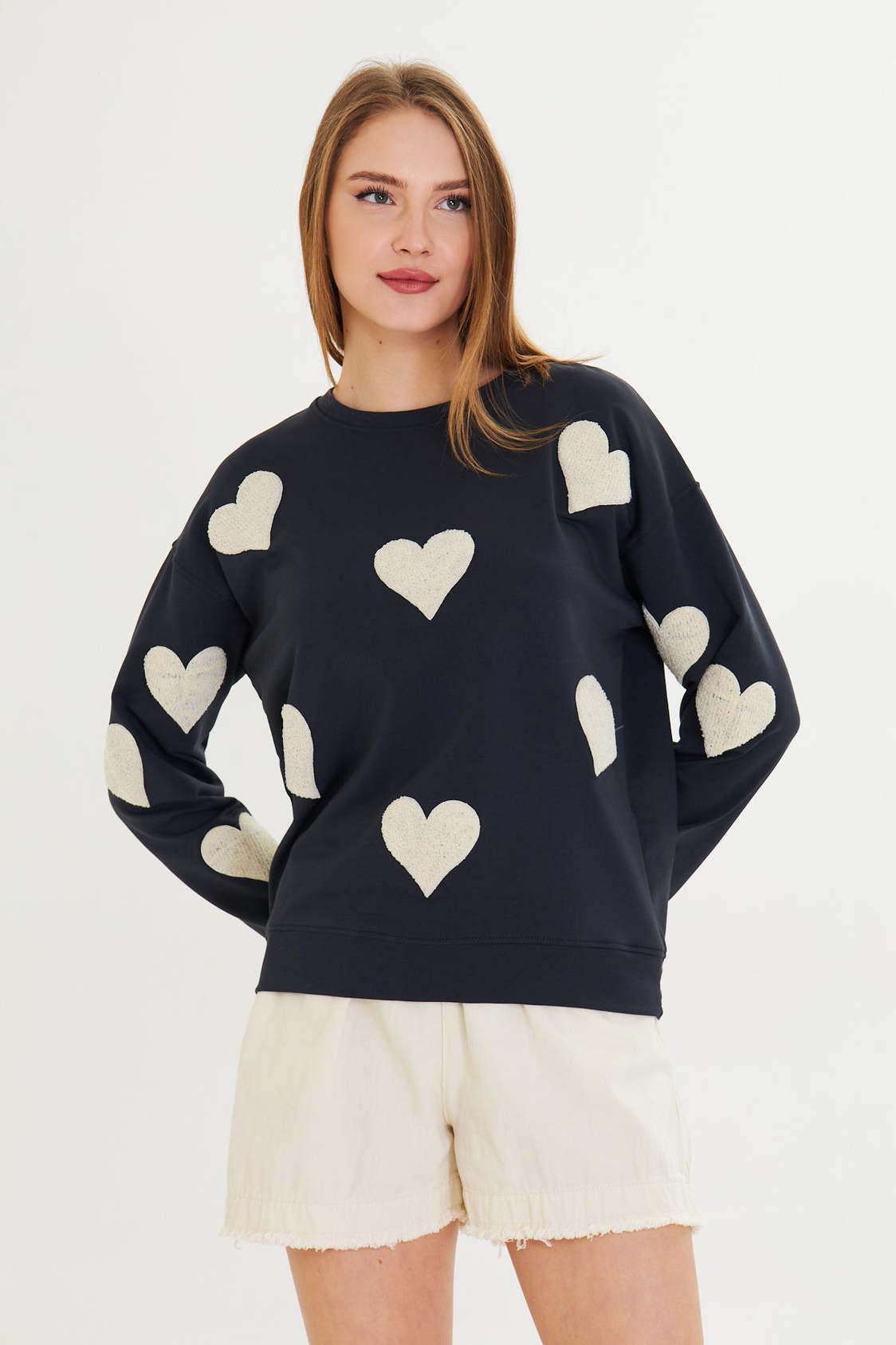 Havlu Kalp Baskılı İki İplik Sweatshirt