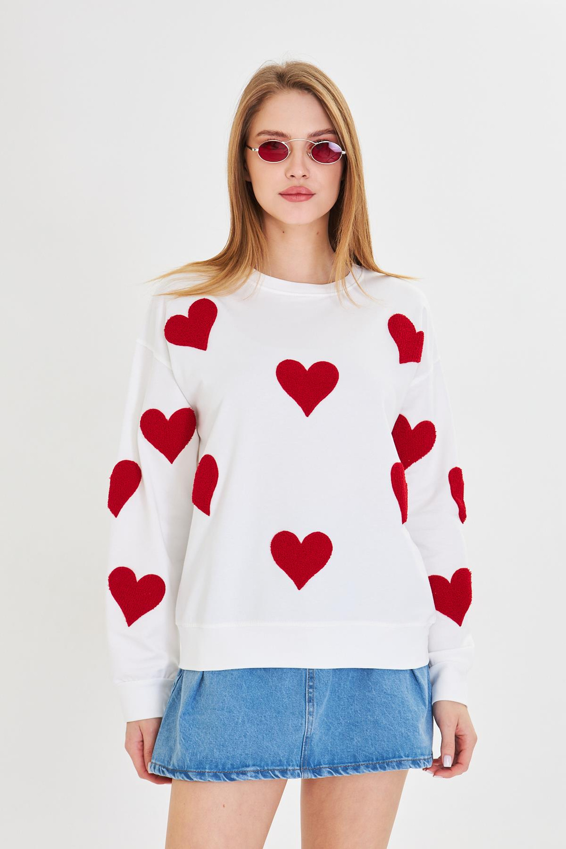 Havlu Kalp Baskılı İki İplik Sweatshirt