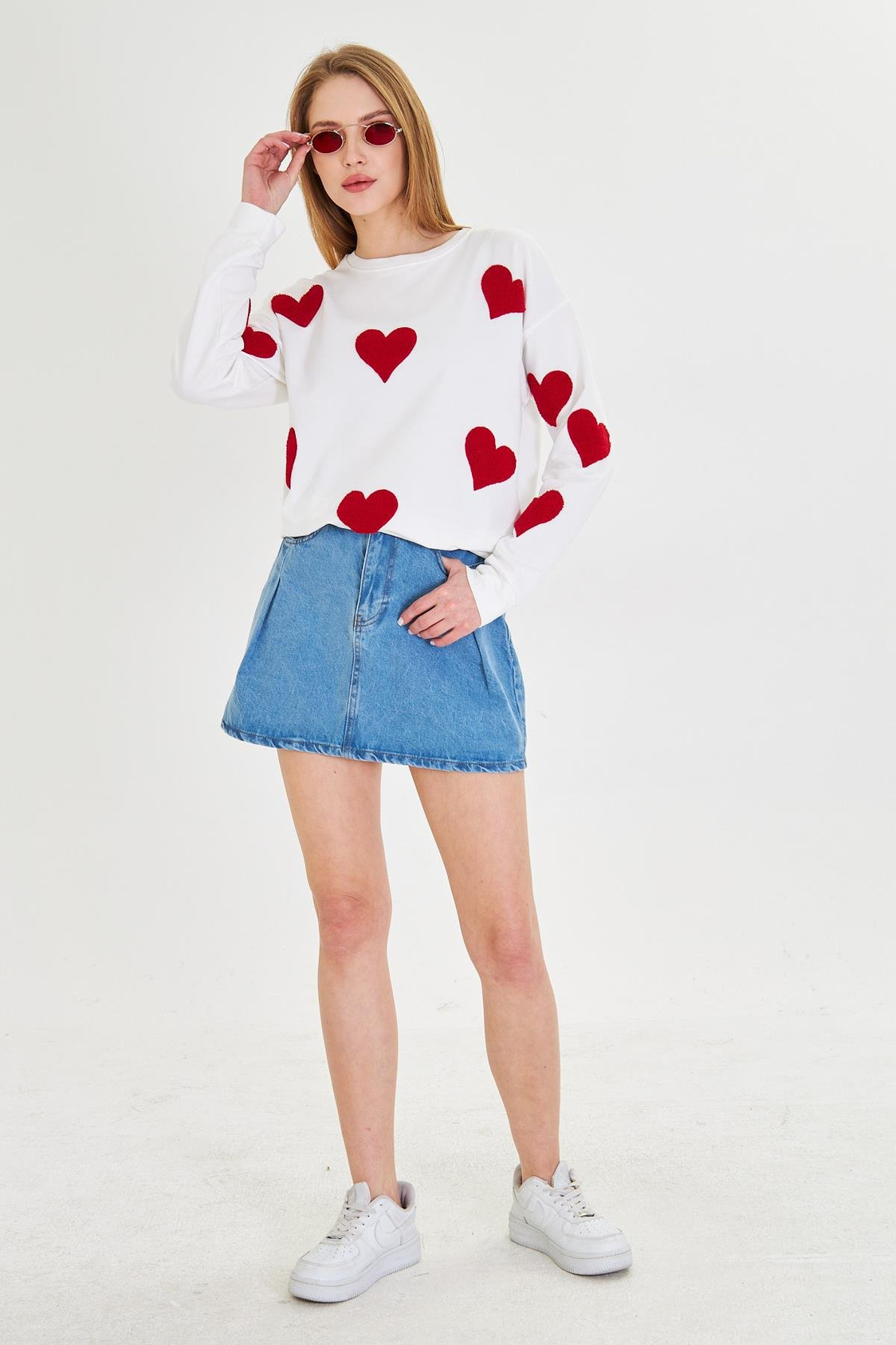 Havlu Kalp Baskılı İki İplik Sweatshirt