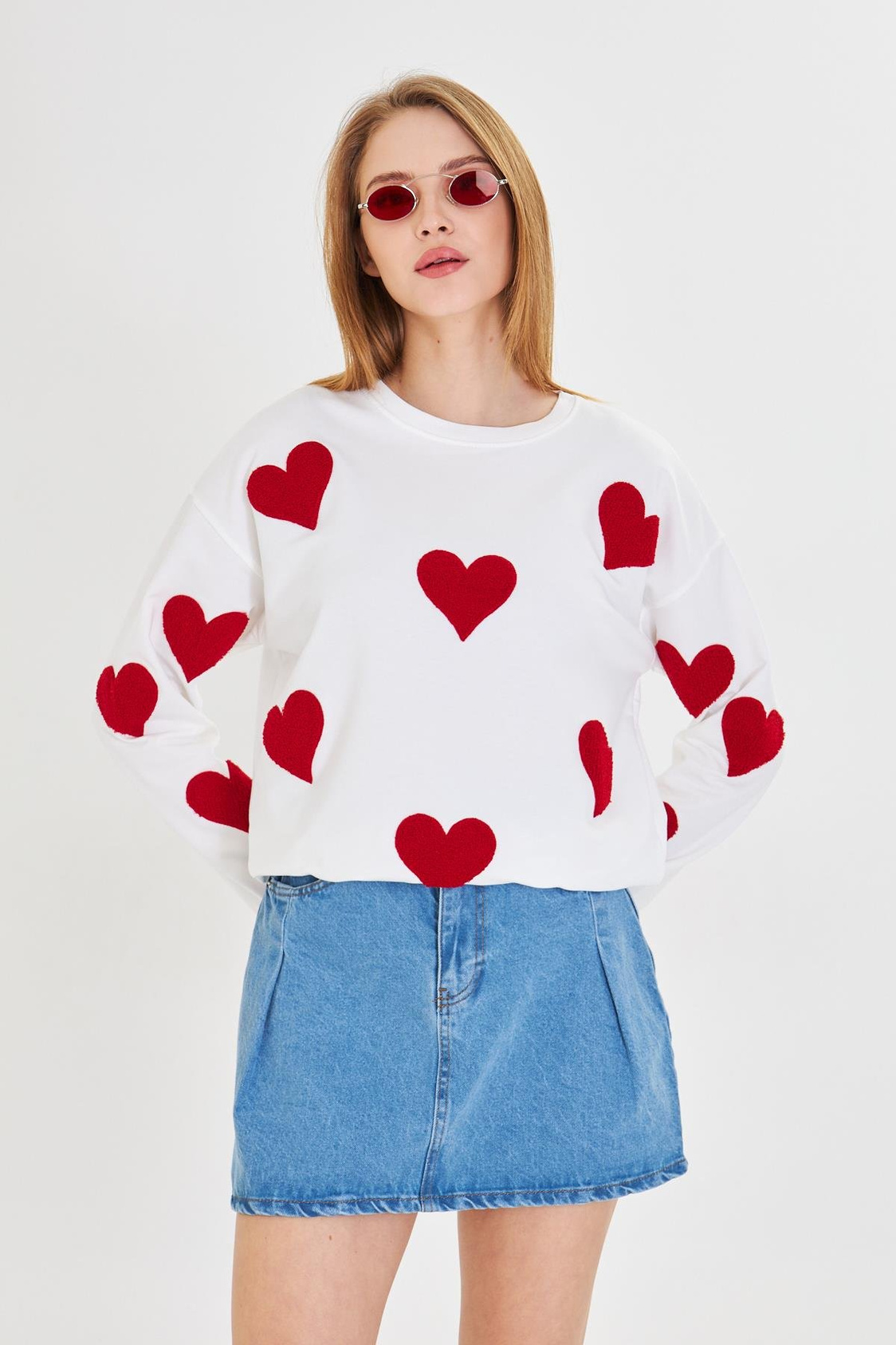 Havlu Kalp Baskılı İki İplik Sweatshirt