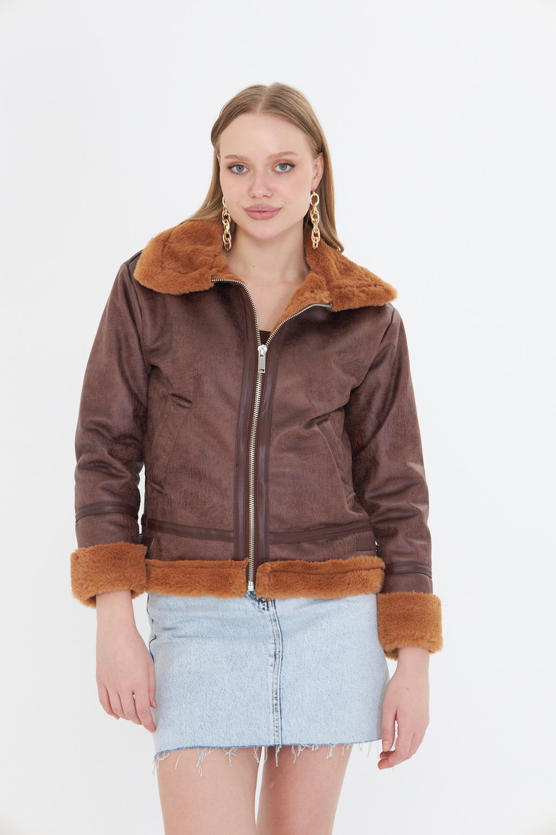 İçi Kürklü Fermuarlı Deri Mont - Camel