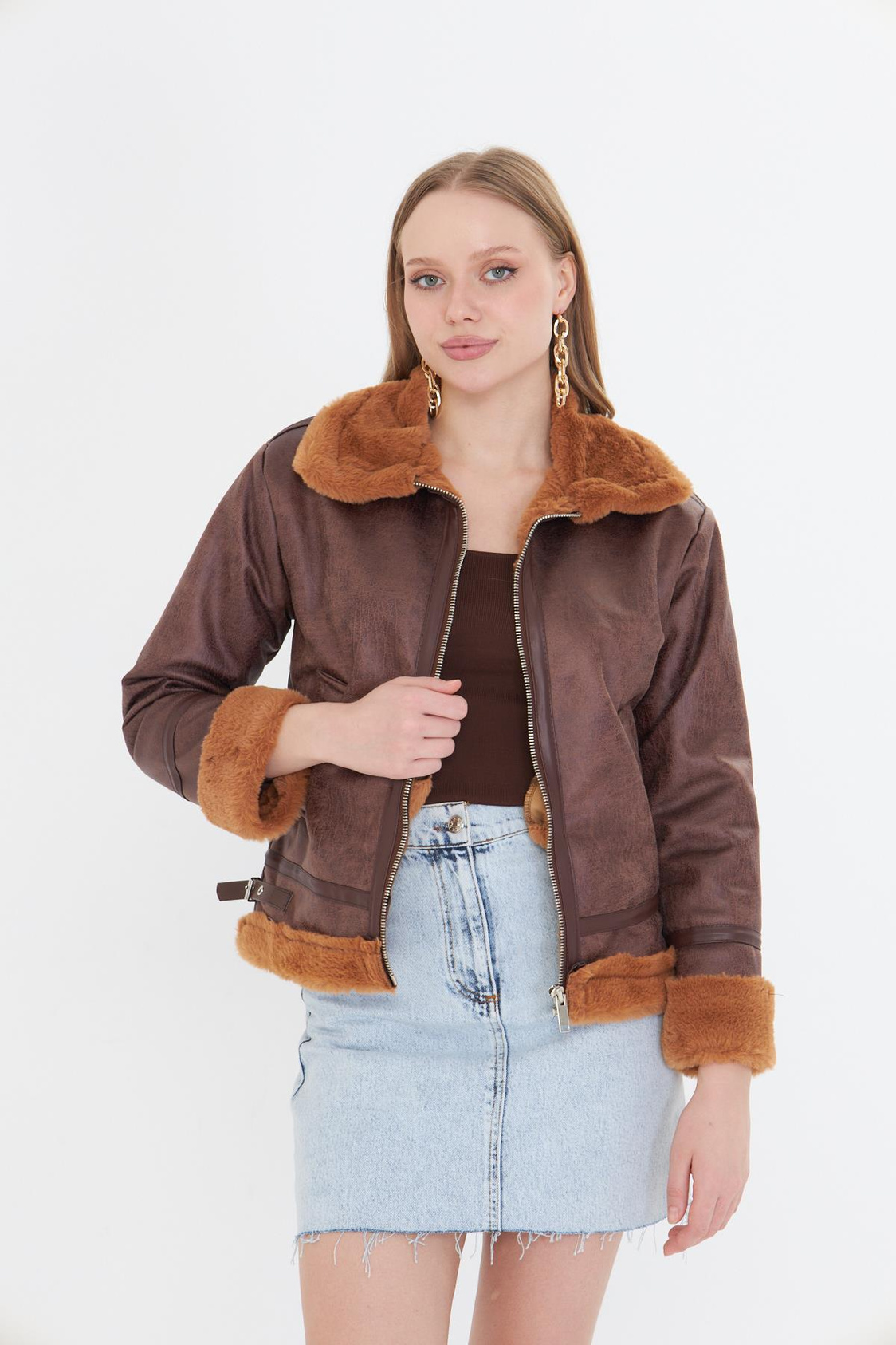 İçi Kürklü Fermuarlı Deri Mont - Camel