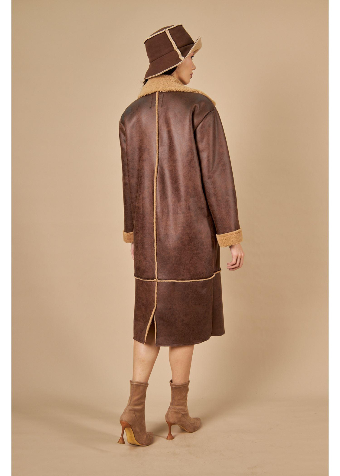 İçi Peluş Süet Uzun Kaban-Camel