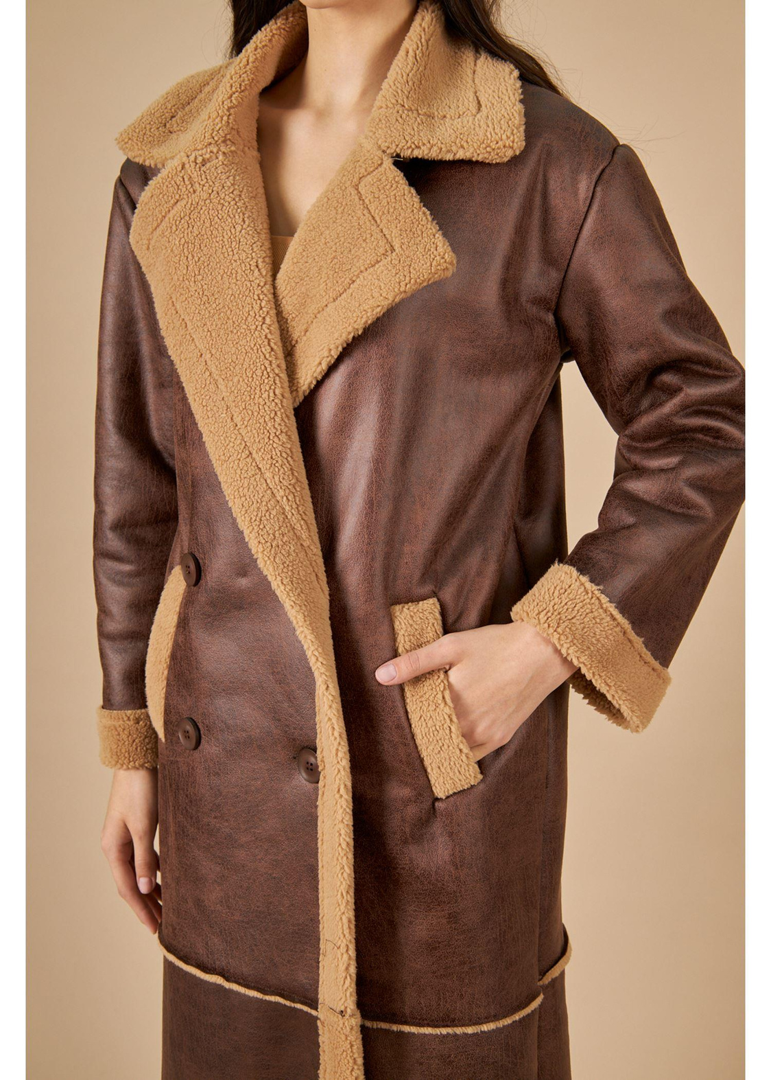 İçi Peluş Süet Uzun Kaban-Camel