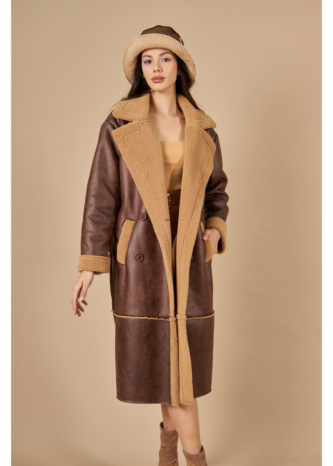 İçi Peluş Süet Uzun Kaban-Camel