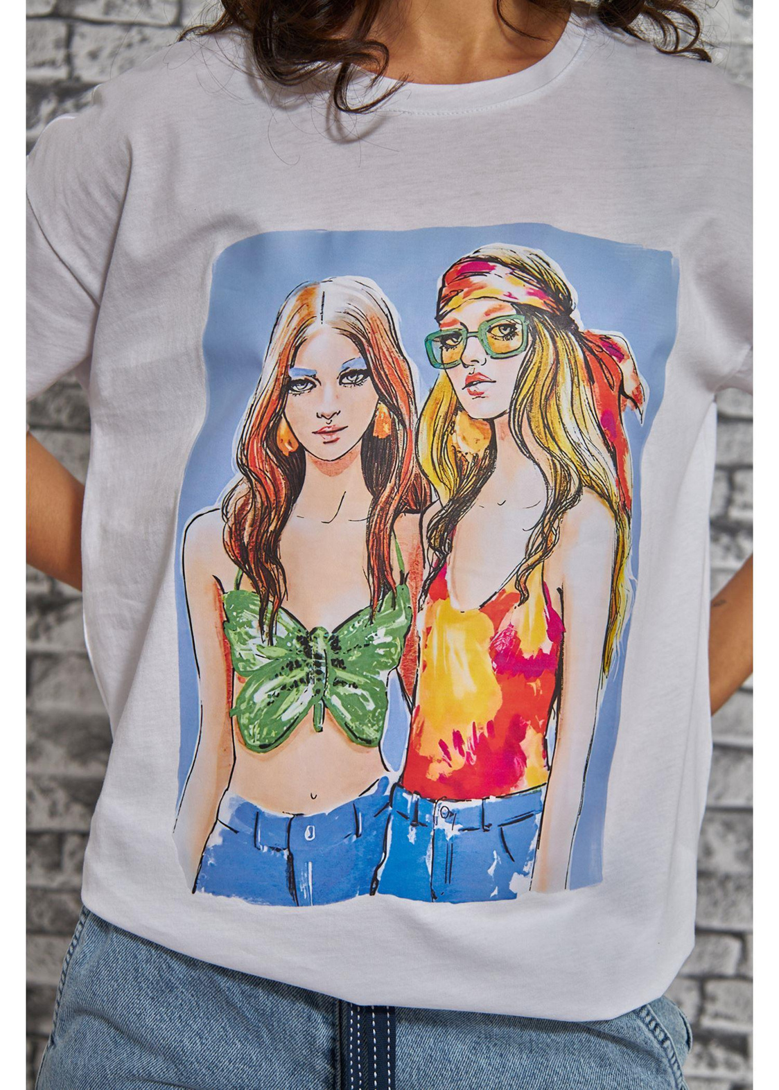 İki Kadın Baskılı Süprem T-Shirt-Beyaz