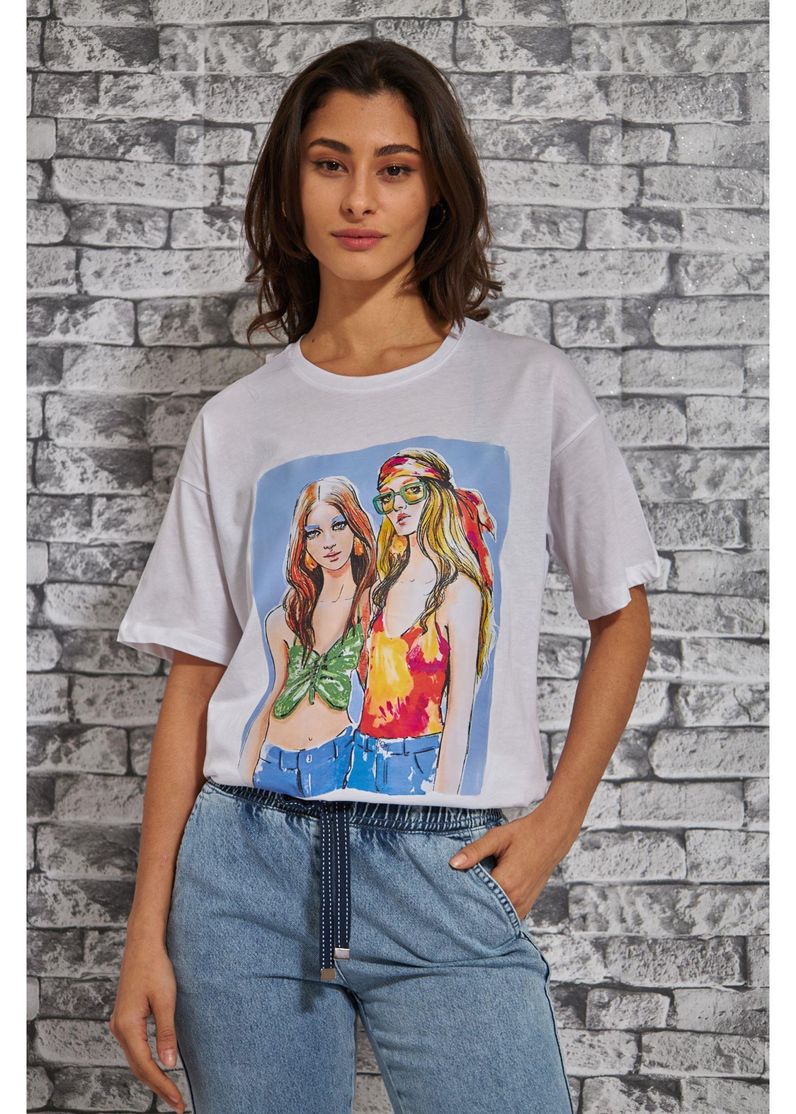 İki Kadın Baskılı Süprem T-Shirt-Beyaz