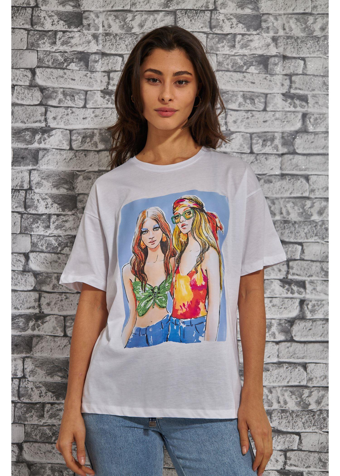 İki Kadın Baskılı Süprem T-Shirt-Beyaz