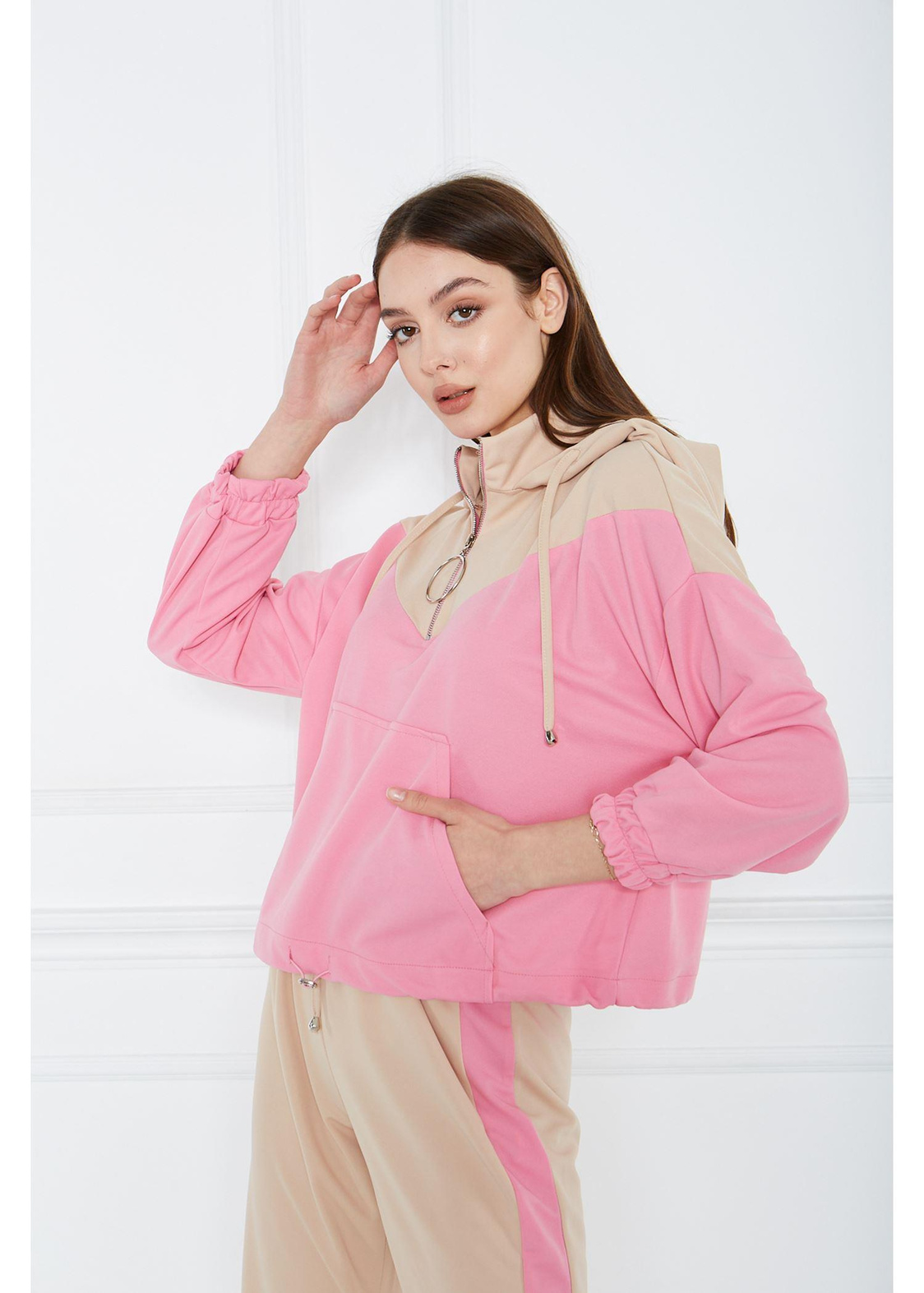 İki Renk Double Sweatshırt-Pembe