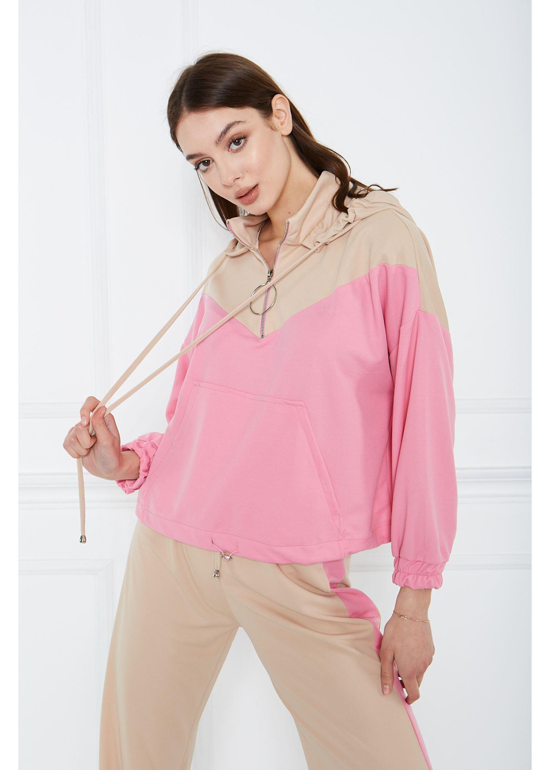 İki Renk Double Sweatshırt-Pembe