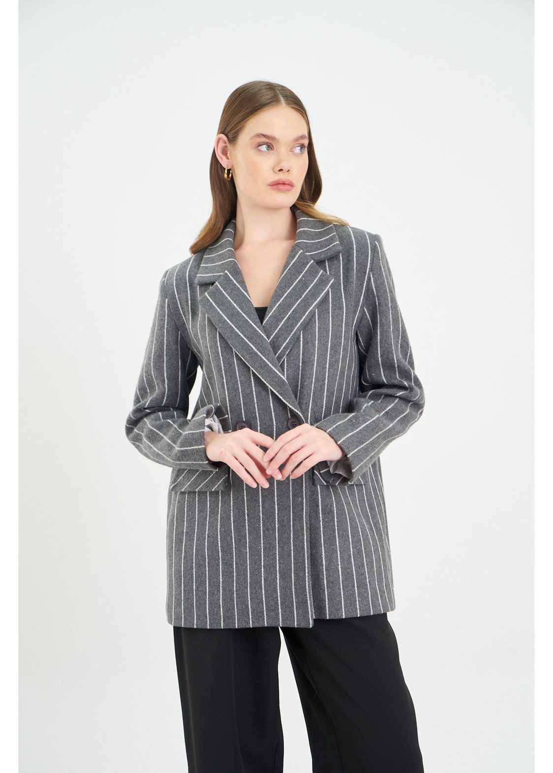 İnce Çizgili Kaşe Ceket-Antrasit