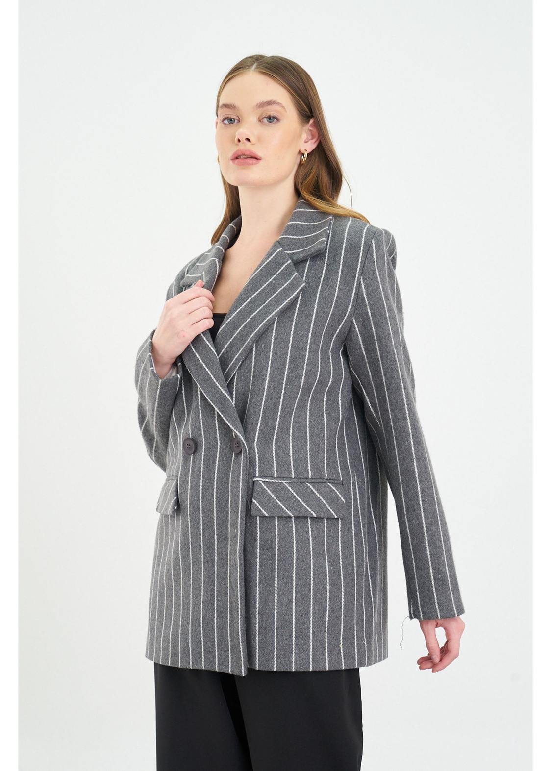 İnce Çizgili Kaşe Ceket-Antrasit
