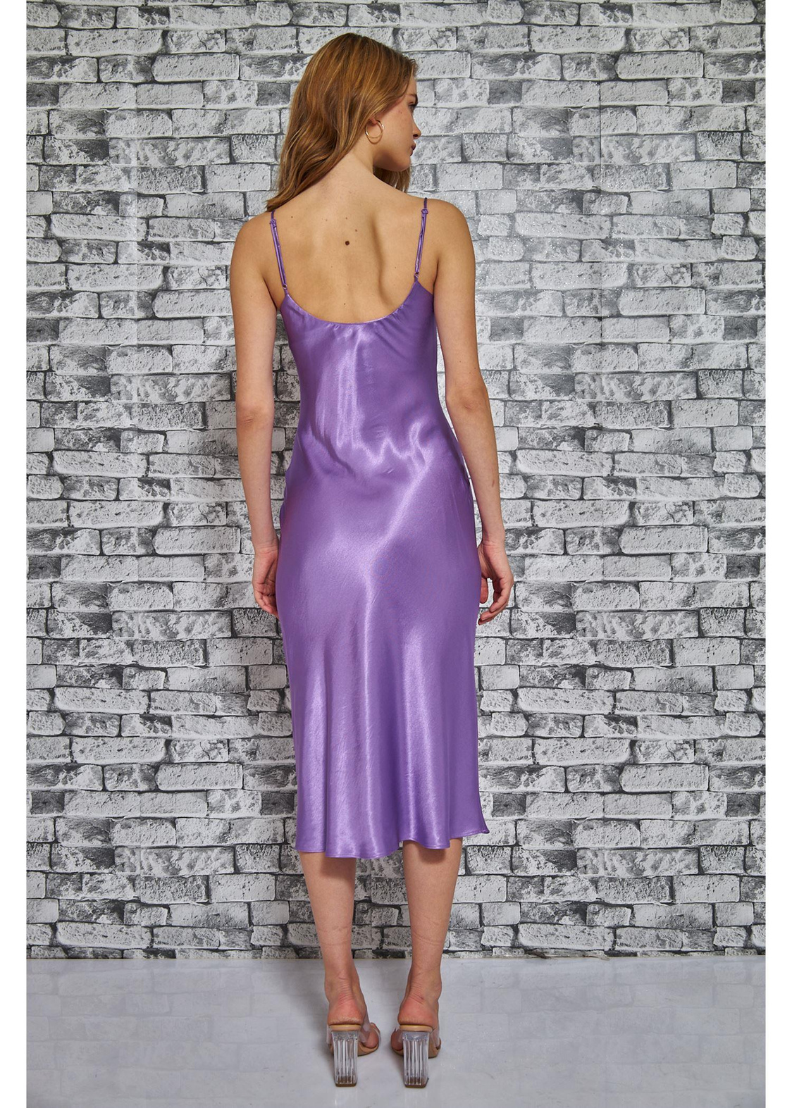 İp Askılı Saten Elbise-Mor
