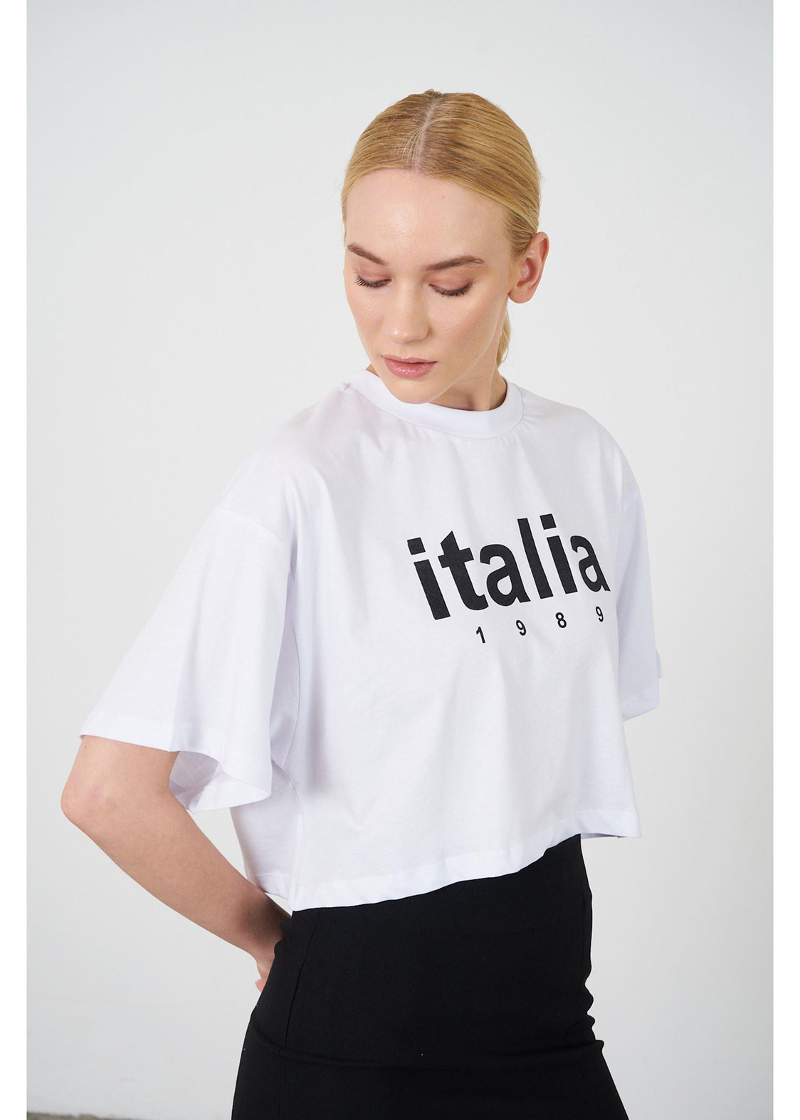 Italia Baskılı Kısa Süprem T-shirt-Ekru