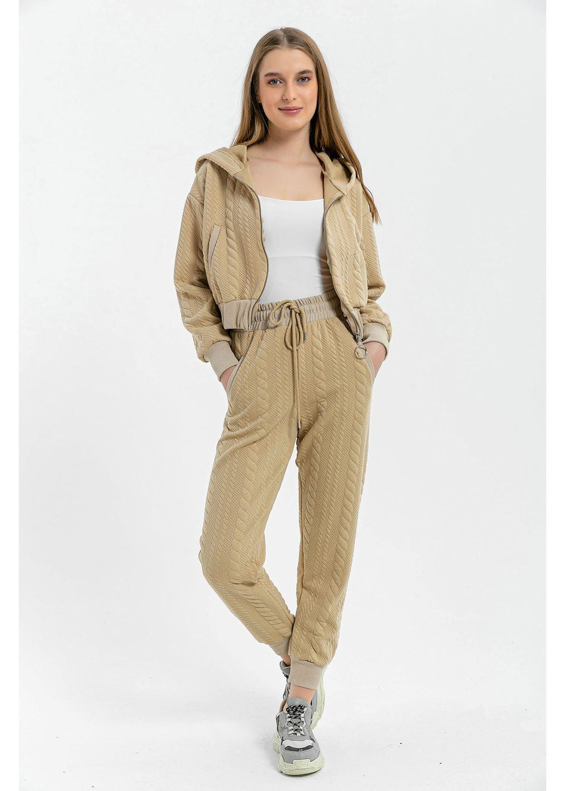 Jakarlı Fermuarlı Sweat-Bej