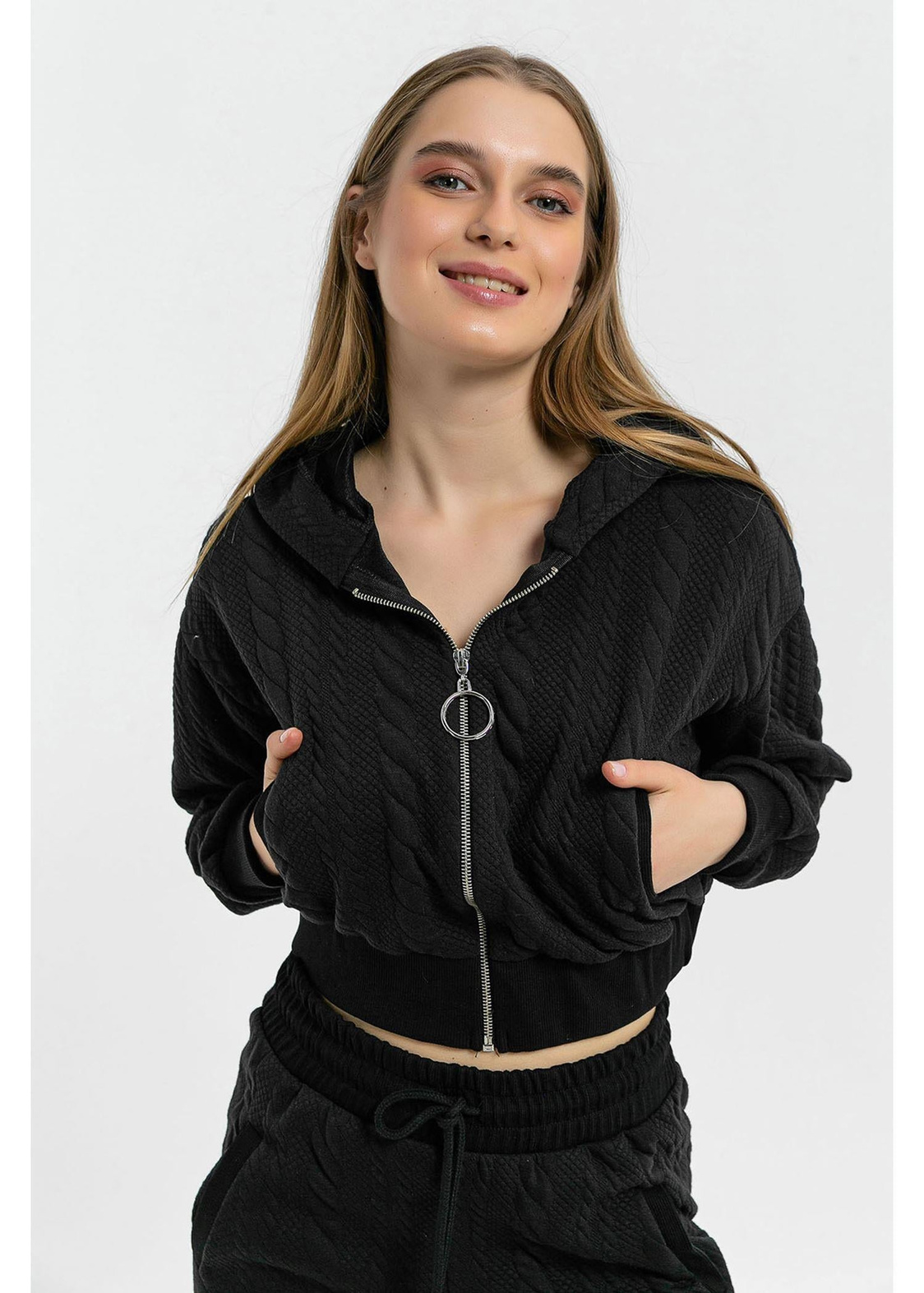 Jakarlı Fermuarlı Sweat-Siyah