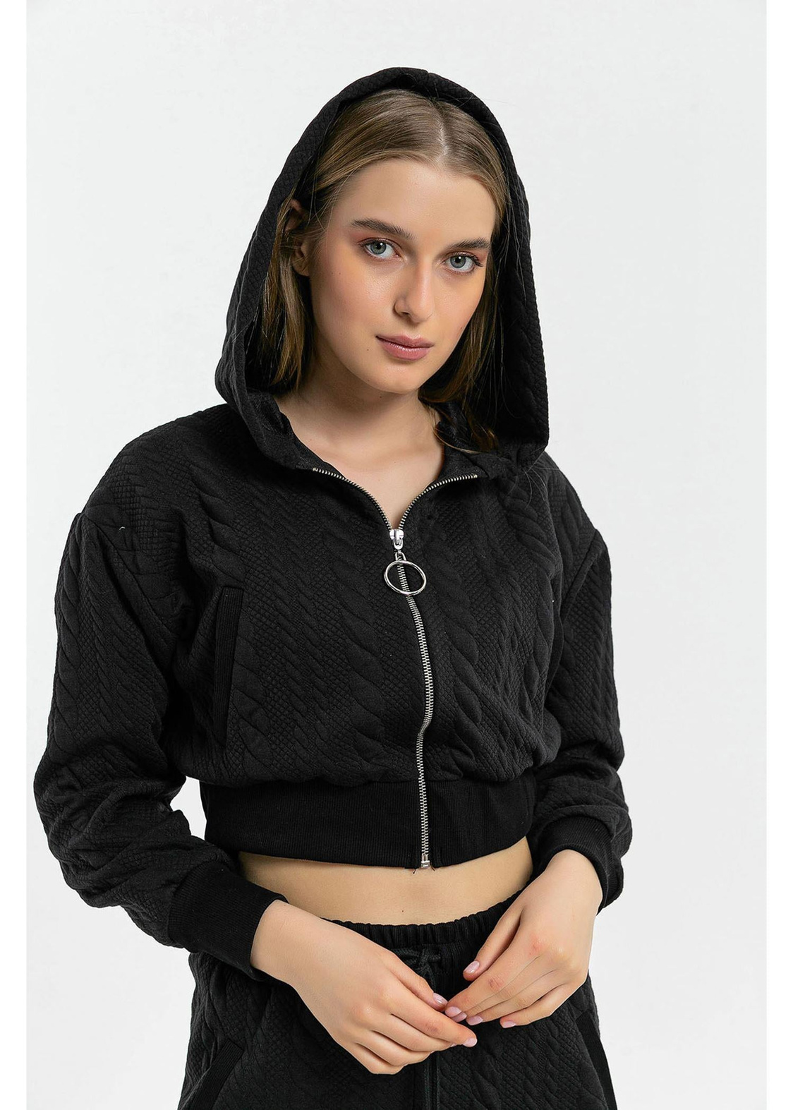 Jakarlı Fermuarlı Sweat-Siyah