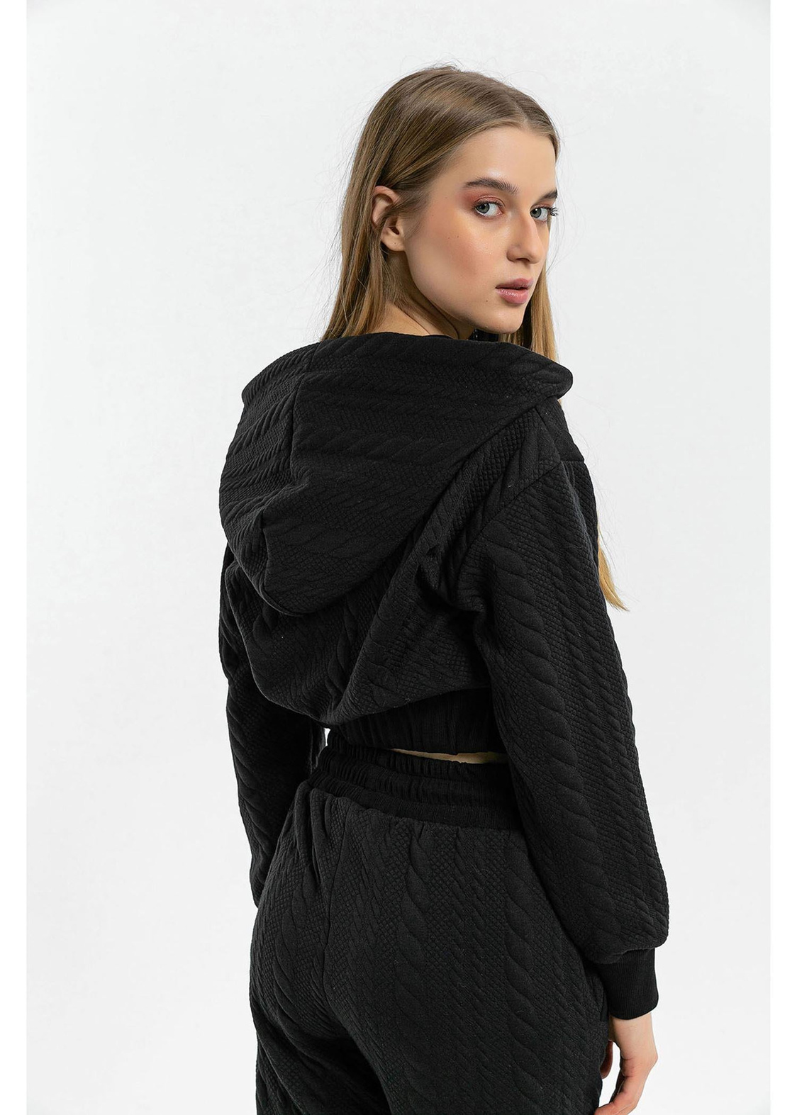 Jakarlı Fermuarlı Sweat-Siyah