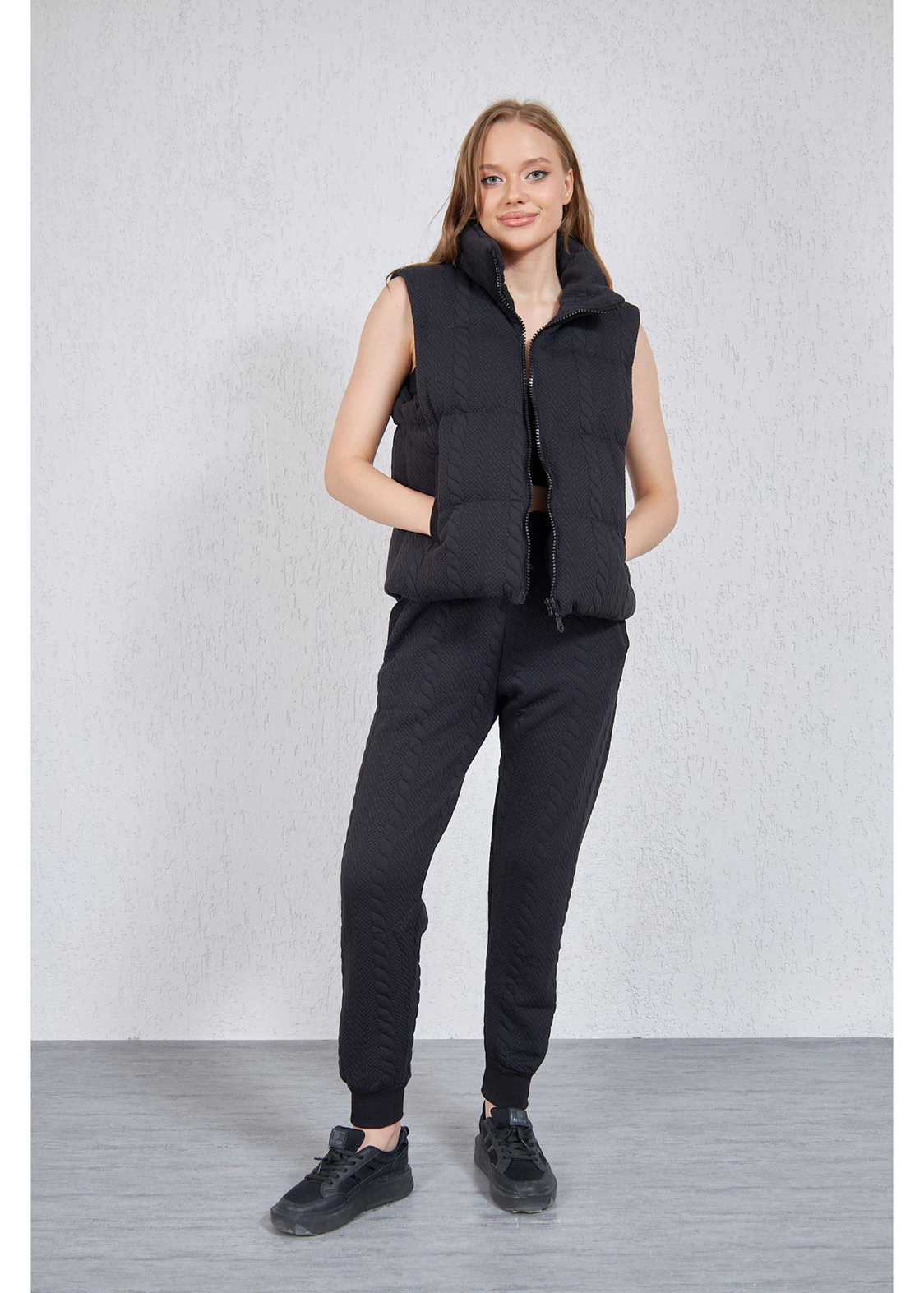 Jakarlı Fleto Cepli Şişme Yelek-Siyah