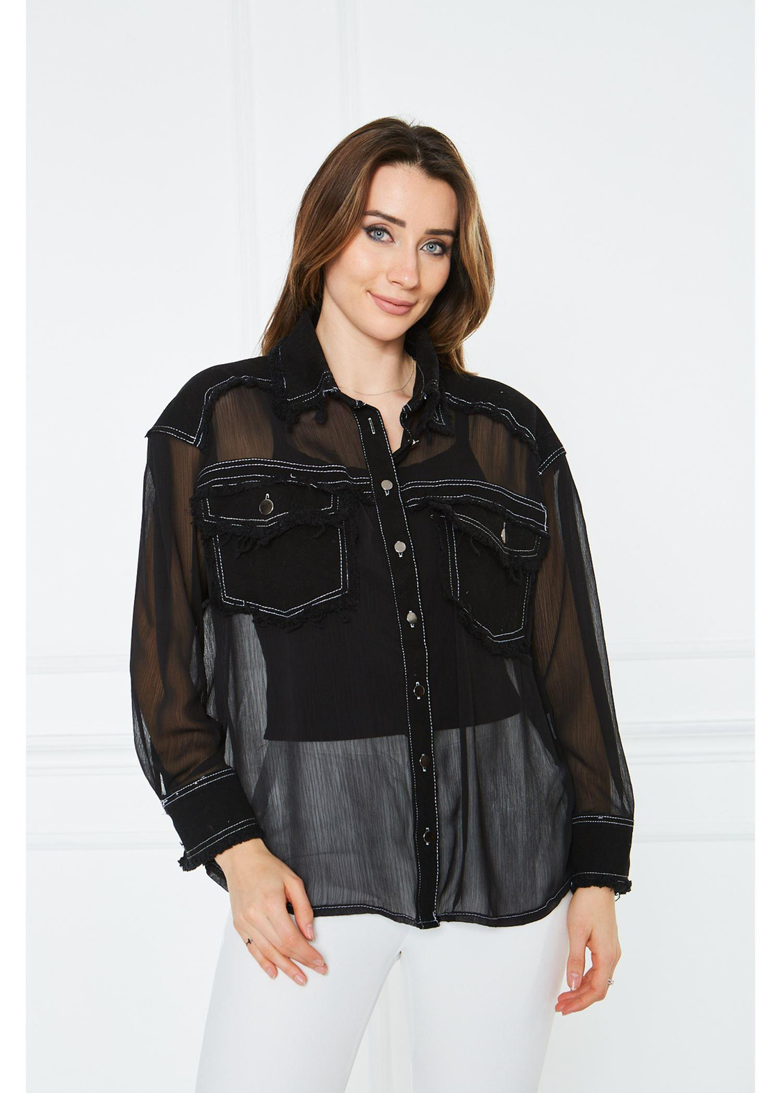 Jean Kumaş Detaylı Bol Kalıp Tül Gömlek-Siyah