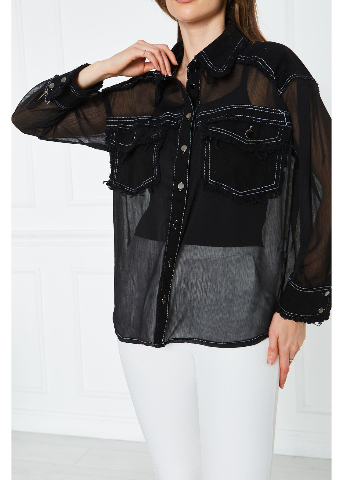 Jean Kumaş Detaylı Bol Kalıp Tül Gömlek-Siyah