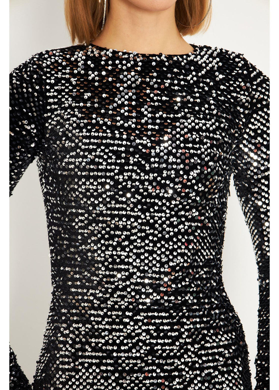 Kadife Gümüş Pul Payet Elbise