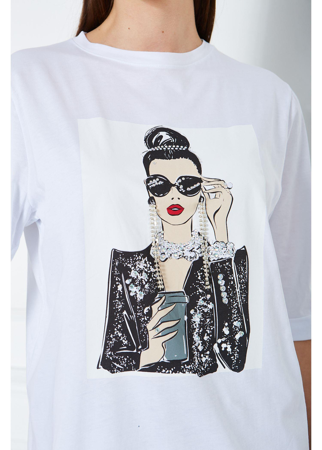Kadın Baskılı Süprem T-Shirt-Beyaz