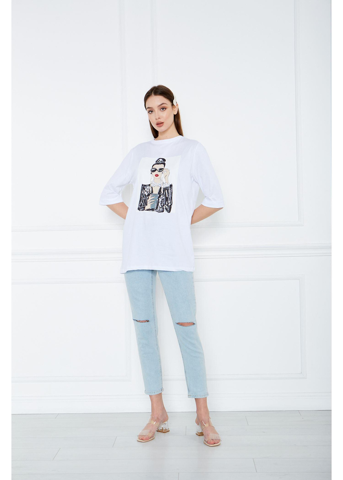 Kadın Baskılı Süprem T-Shirt-Beyaz