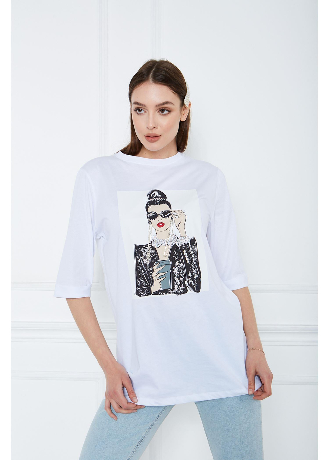 Kadın Baskılı Süprem T-Shirt-Beyaz