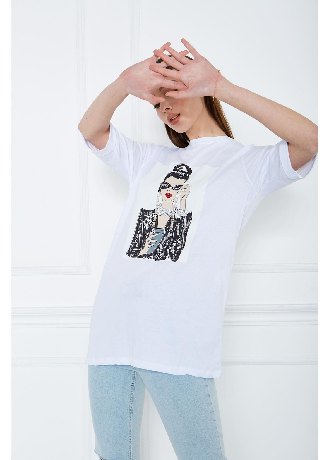 Kadın Baskılı Süprem T-Shirt-Beyaz