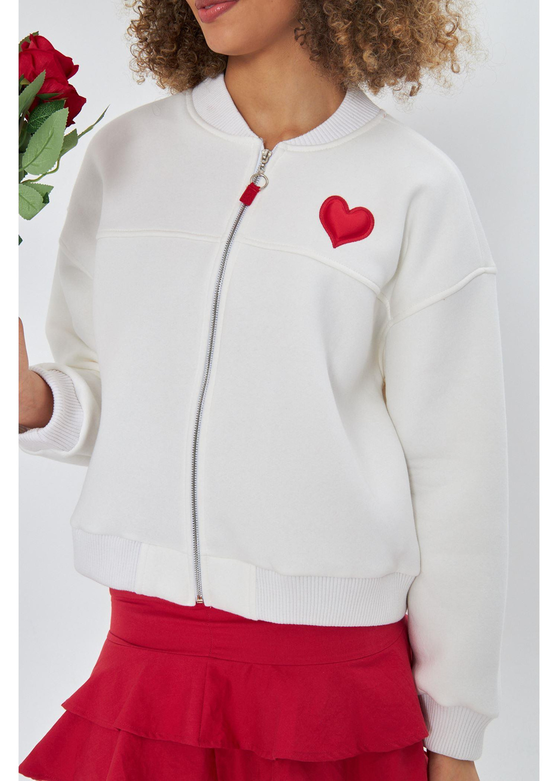Kalp Baskılı Bomber Sweatshirt