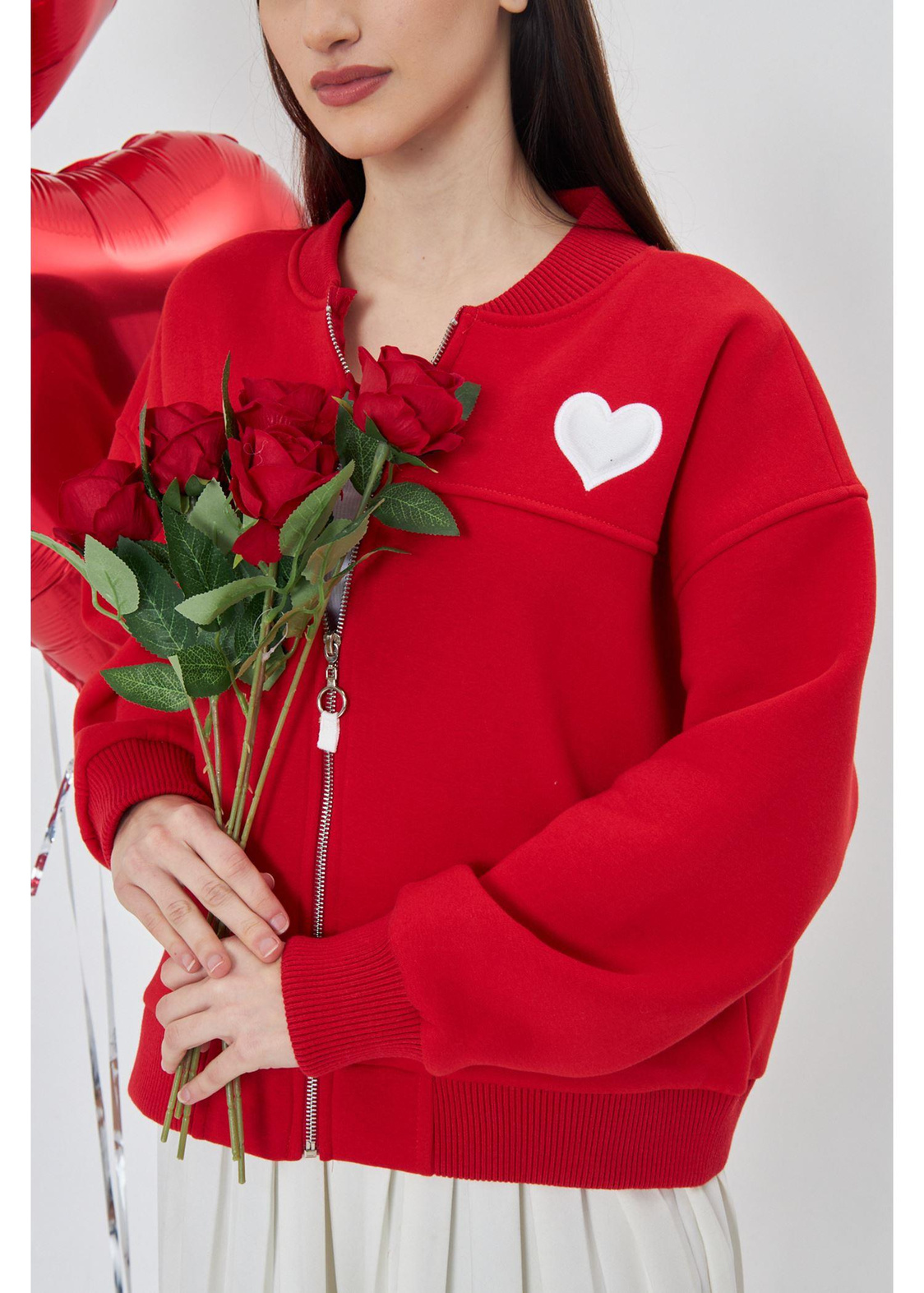 Kalp Baskılı Bomber Sweatshirt