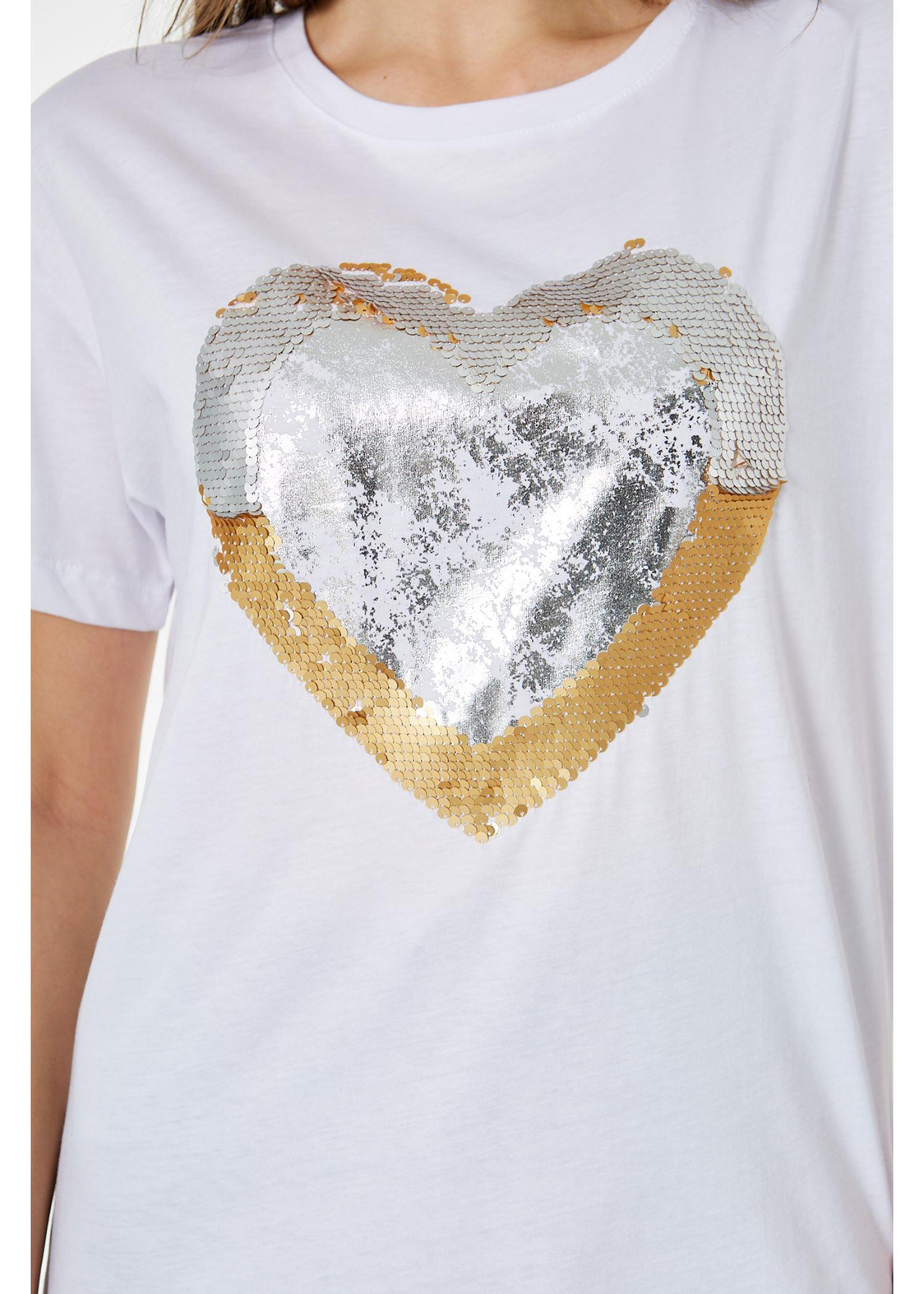 Kalp Baskılı Boncuk Detaylı Tshirt-Beyaz