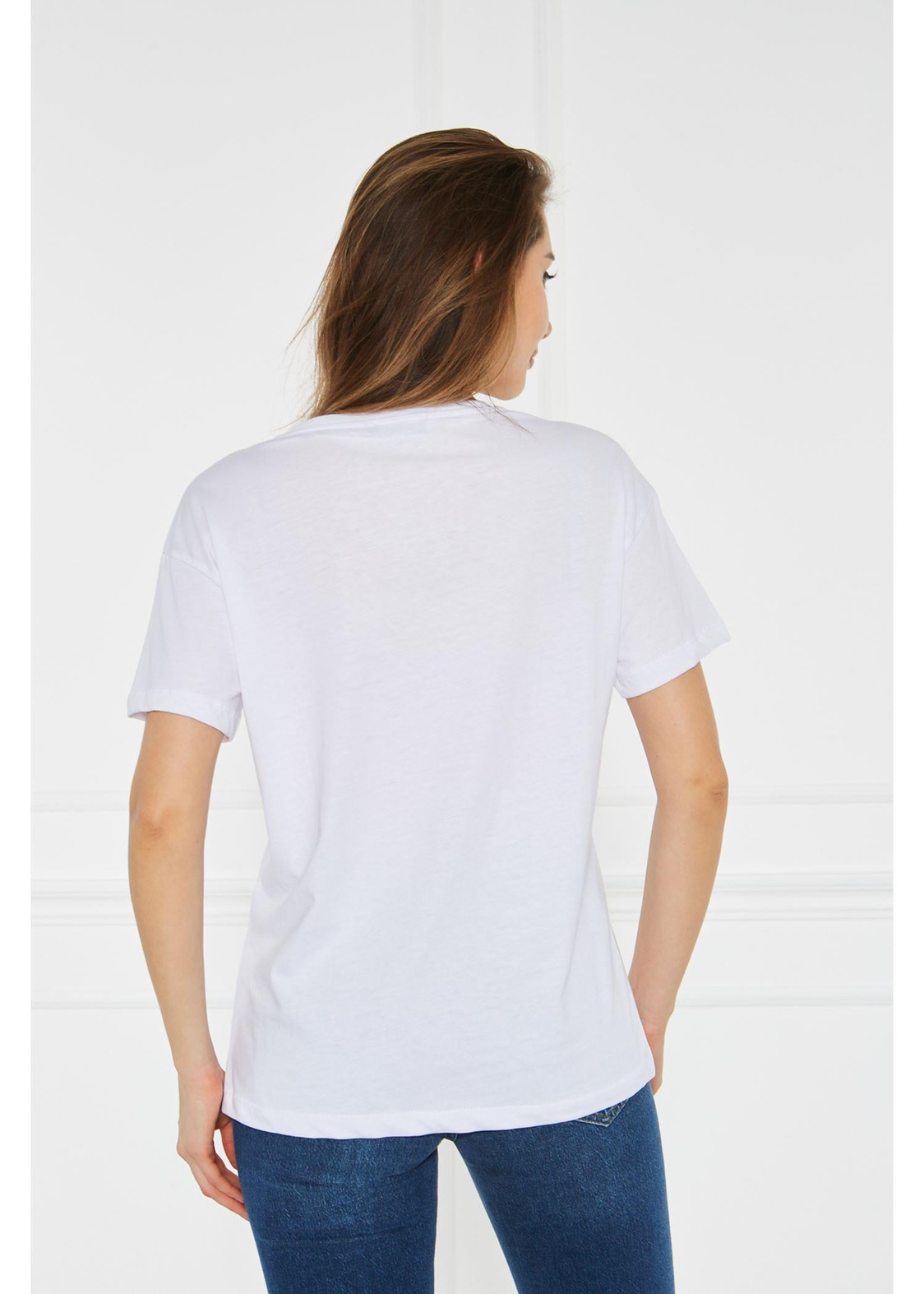 Kalp Baskılı Boncuk Detaylı Tshirt-Beyaz