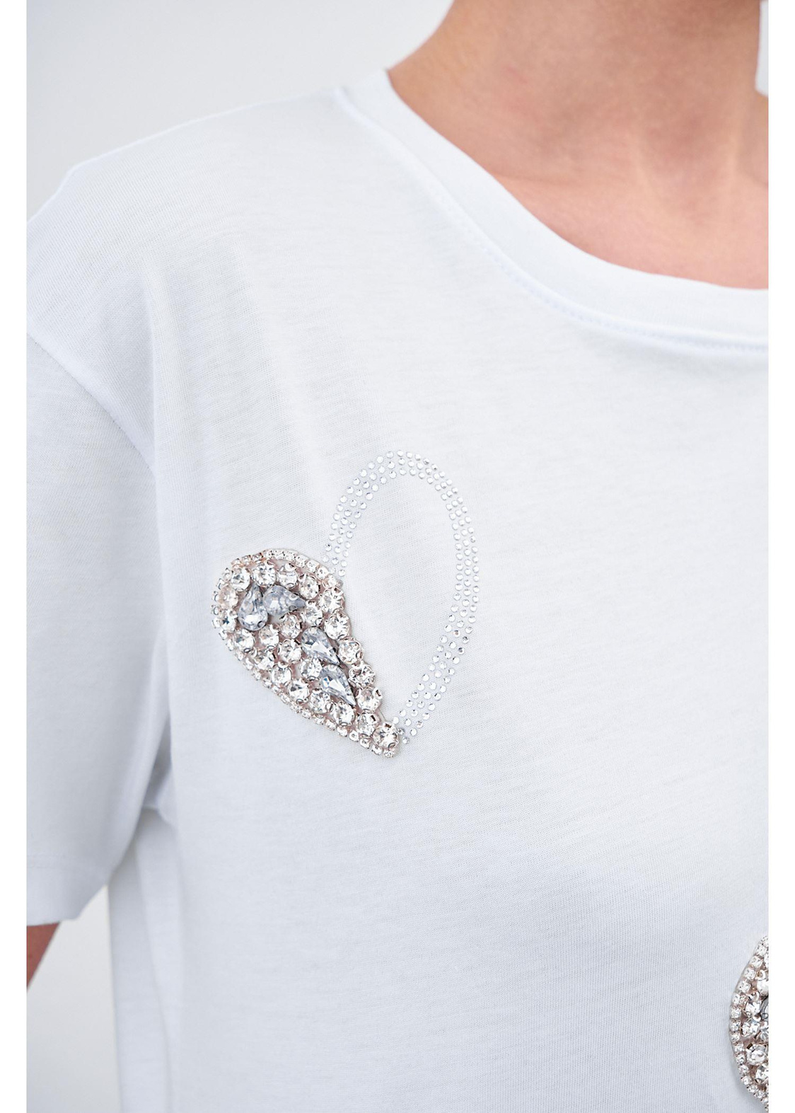 Kalp Baskılı Taşlı T-shirt-Beyaz