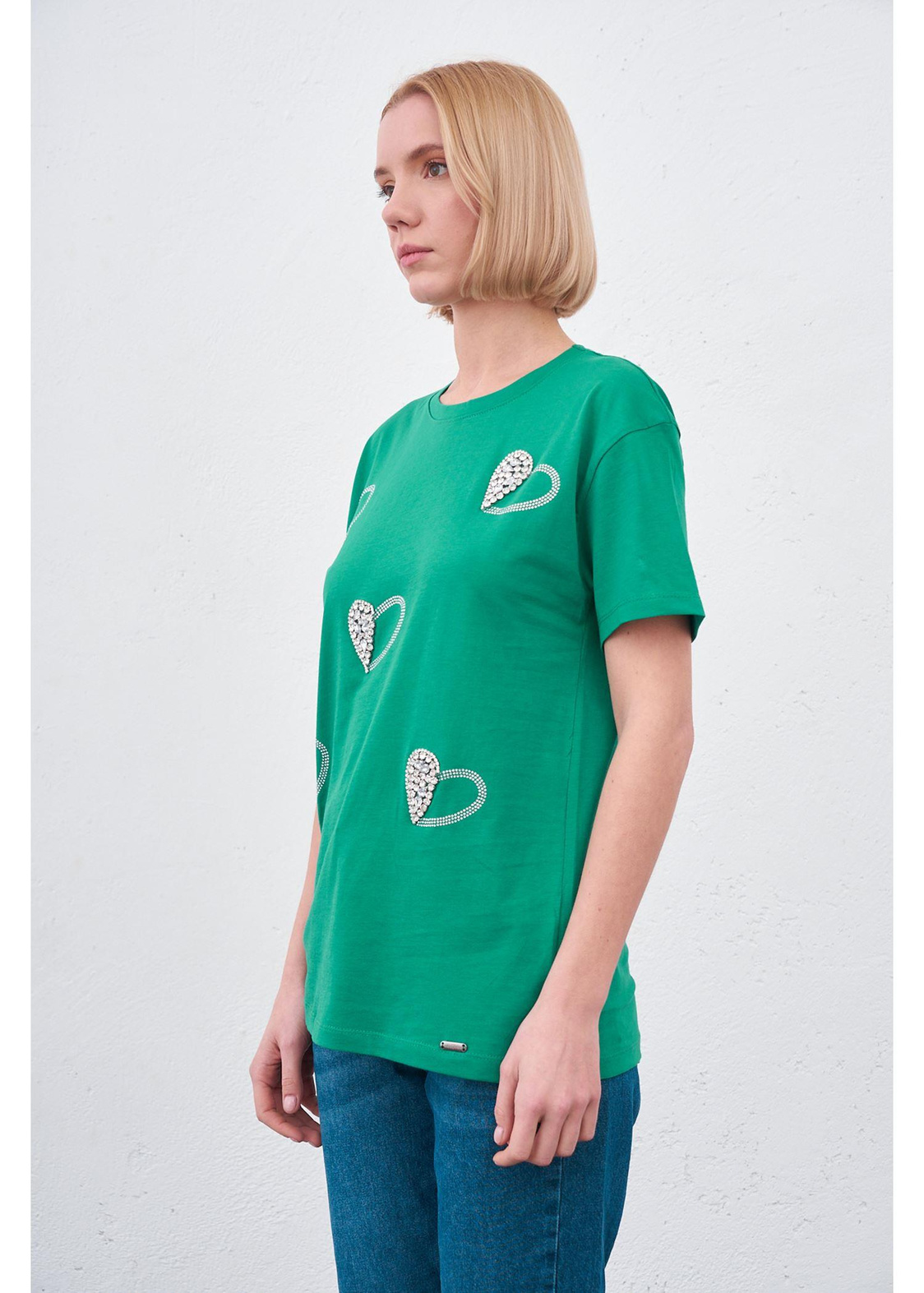 Kalp Baskılı Taşlı T-shirt-Yeşil
