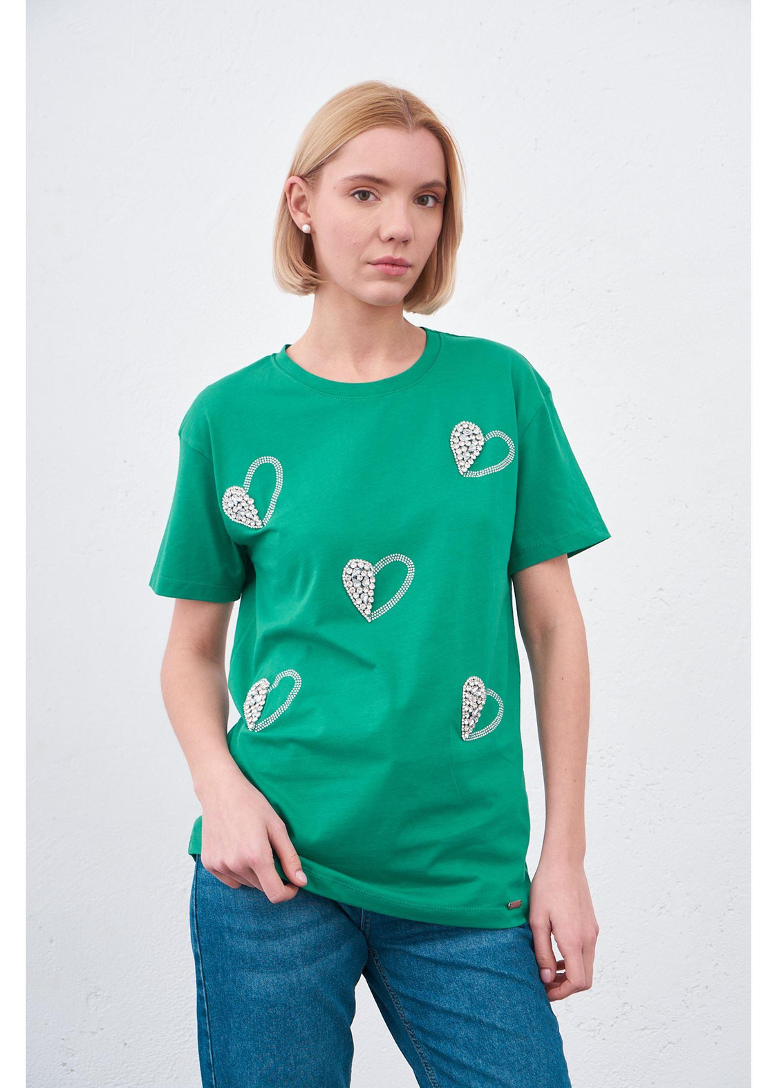 Kalp Baskılı Taşlı T-shirt-Yeşil