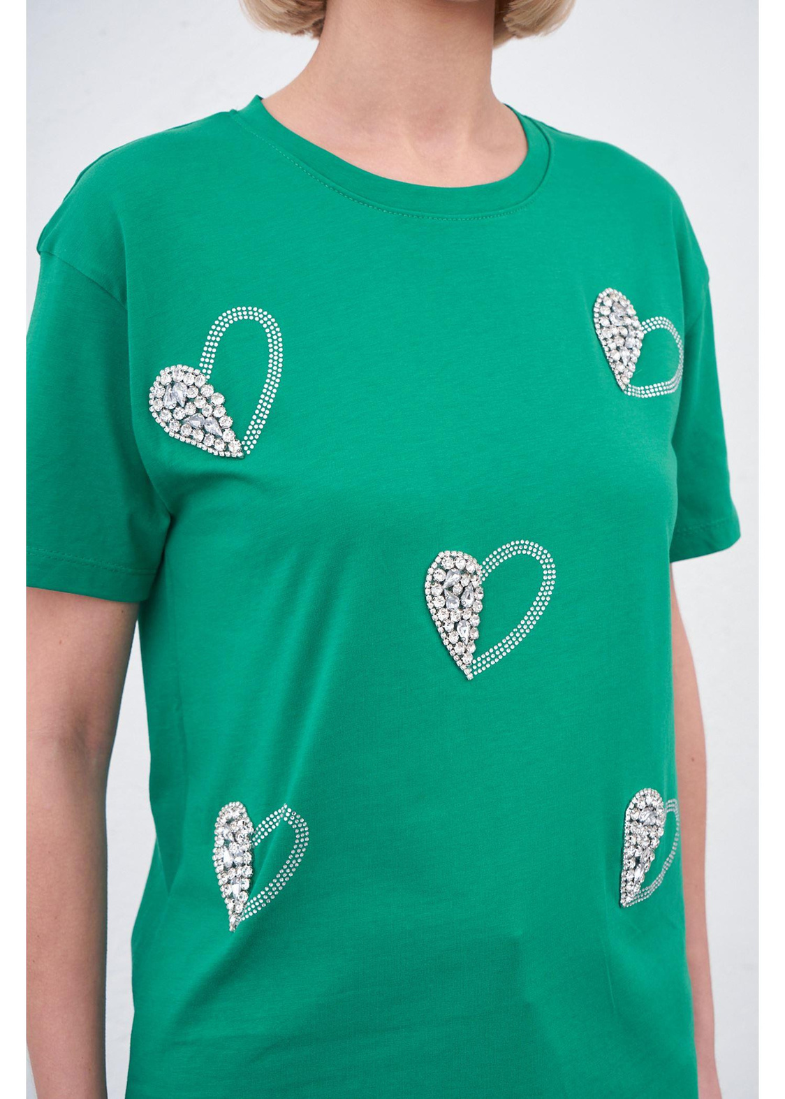 Kalp Baskılı Taşlı T-shirt-Yeşil