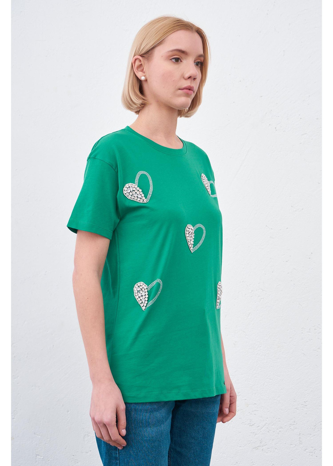 Kalp Baskılı Taşlı T-shirt-Yeşil