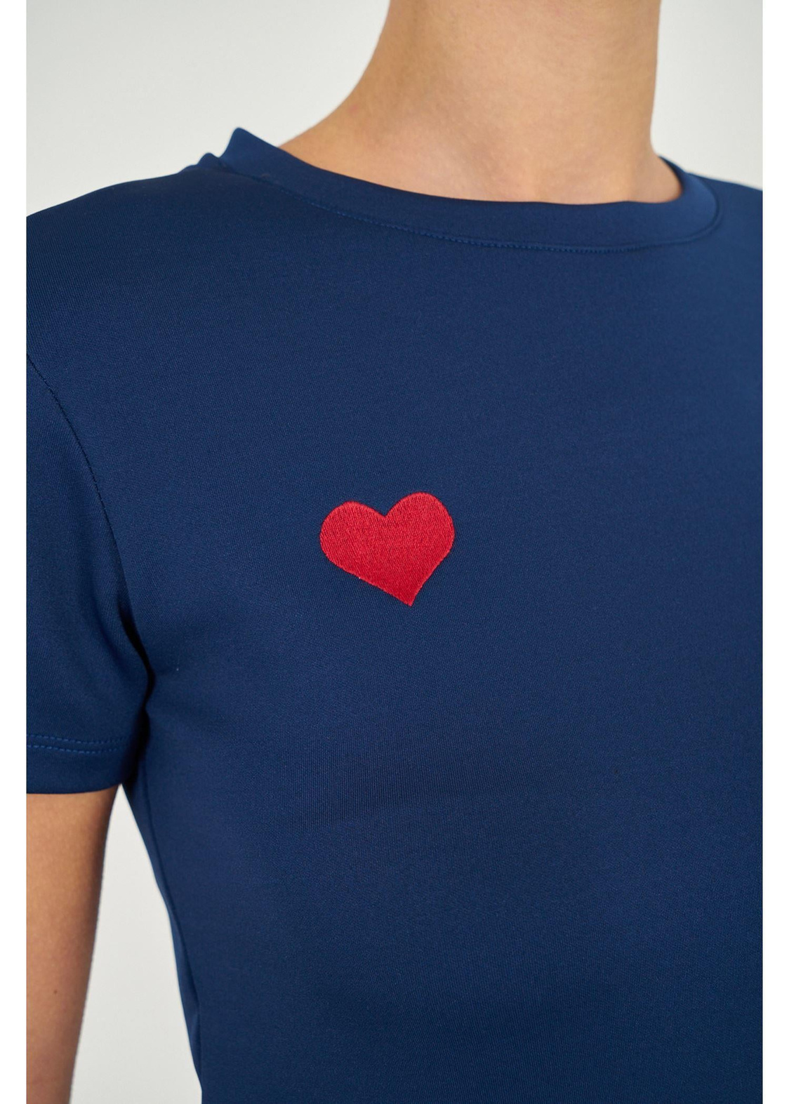 Kalp Nakışlı Kısa Kol Dalgıç T-shirt-Lacivert