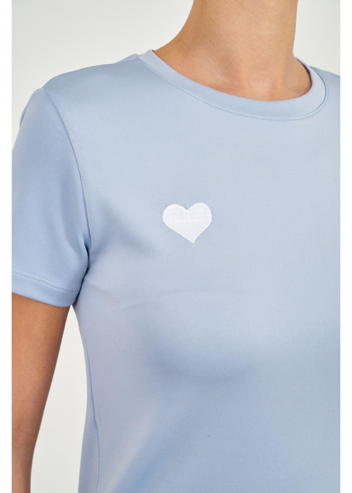 Kalp Nakışlı Kısa Kol Dalgıç T-shirt-Mavi