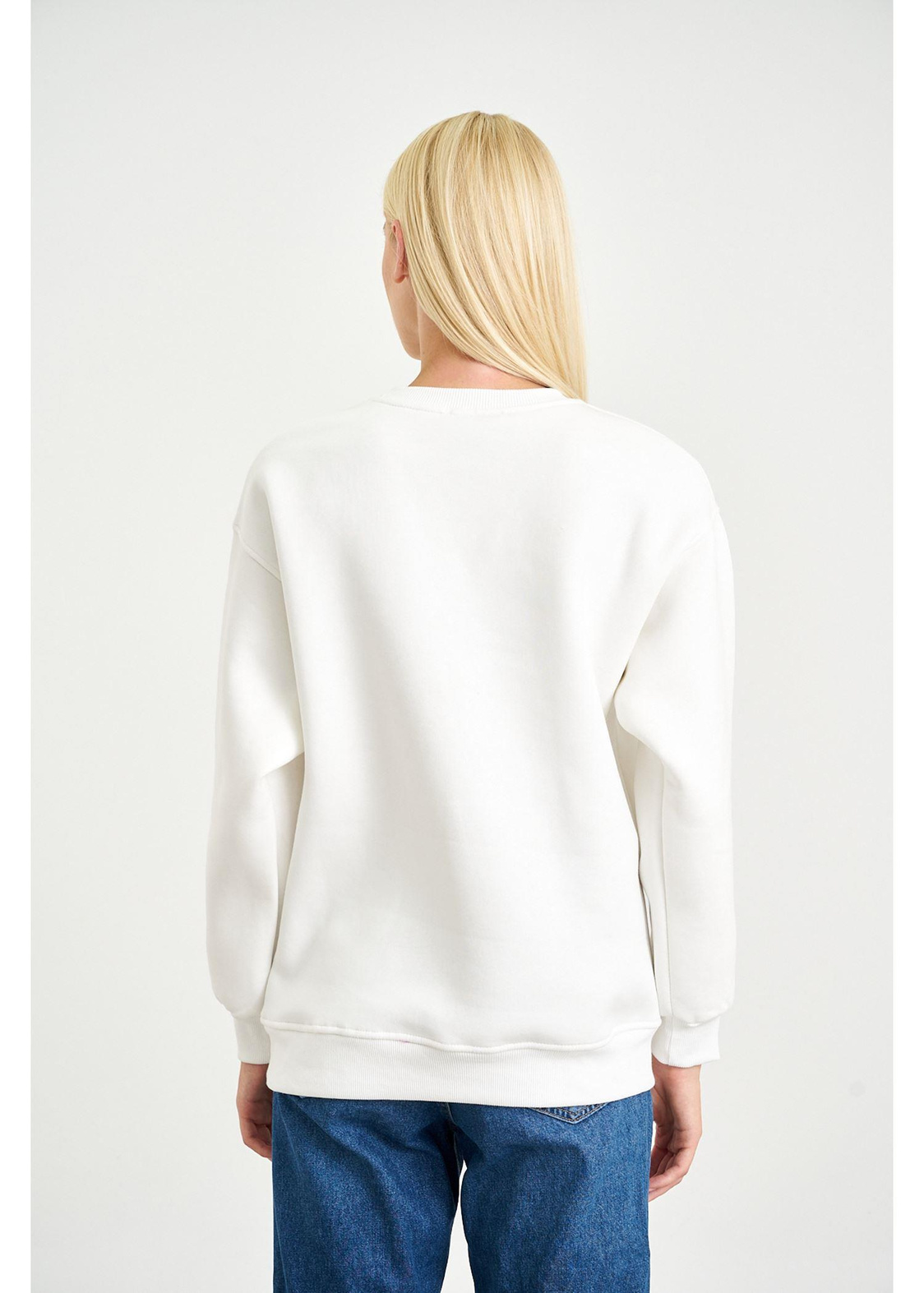 Kalp Nakışlı Taşlı Sweatshirt-Ekru