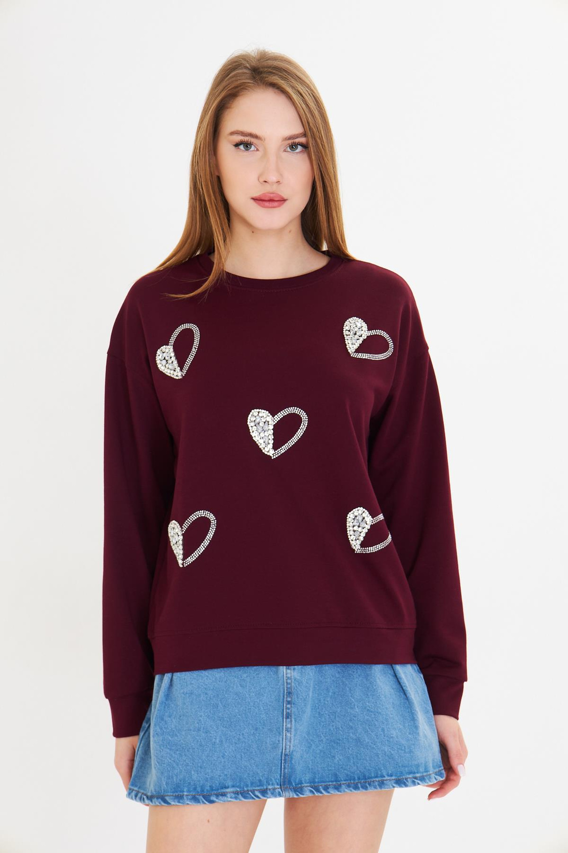 Kalpli Taş Baskılı Sweatshirt